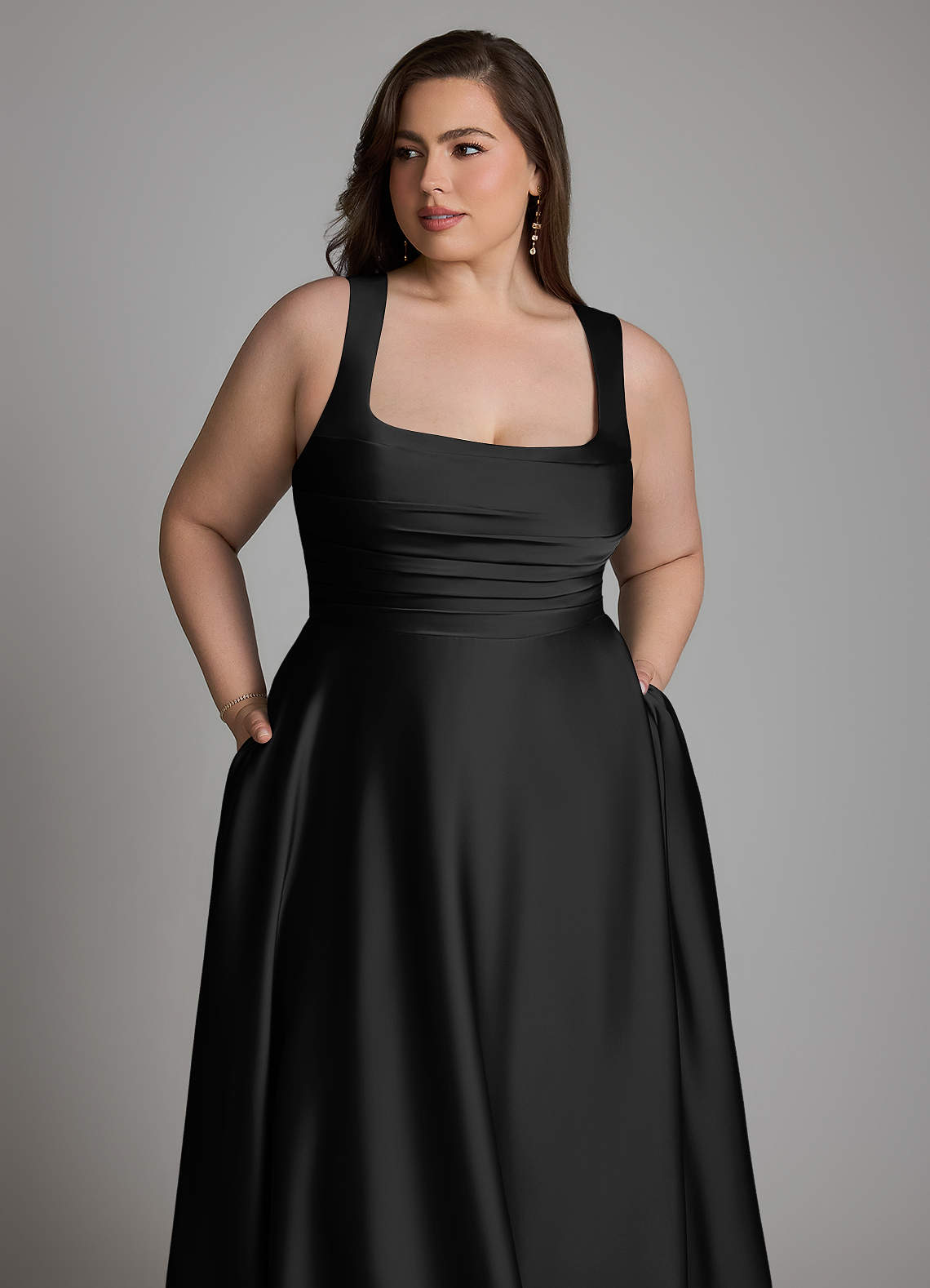 Azazie Azaria At-home Try On Dresses Black A-Line Corset Stretch Satin Dress image11