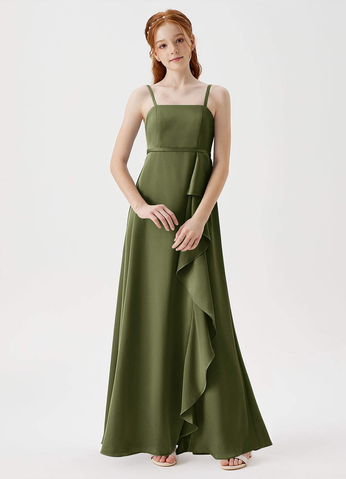 Azazie Kaylee Junior Olive A-Line with Belt Stretch Satin Dress image1