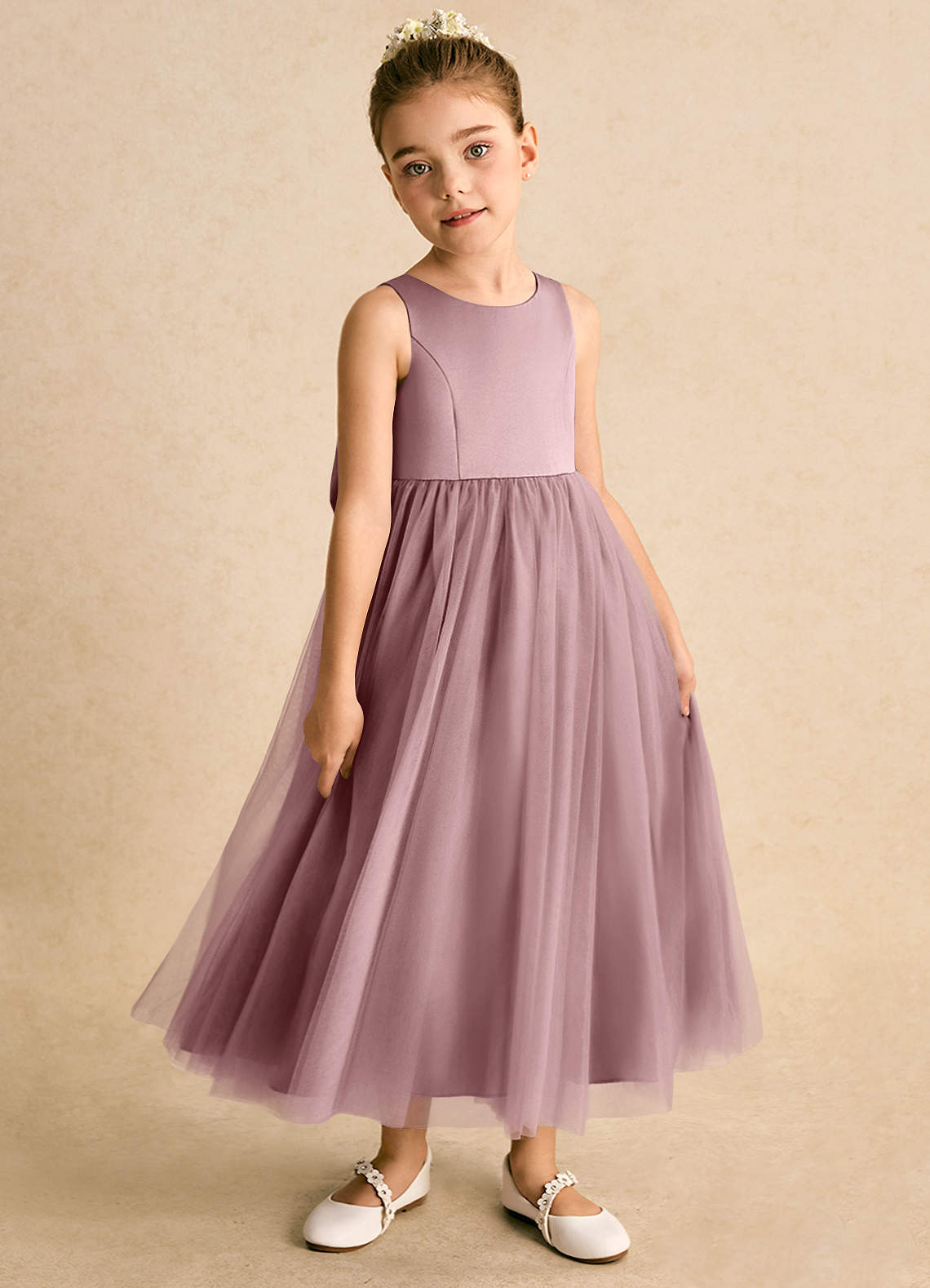 Azazie Solia Abiti da Ragazza di Fiori Abito Principessa in Tulle Fiocco Rosa Polverosa image3
