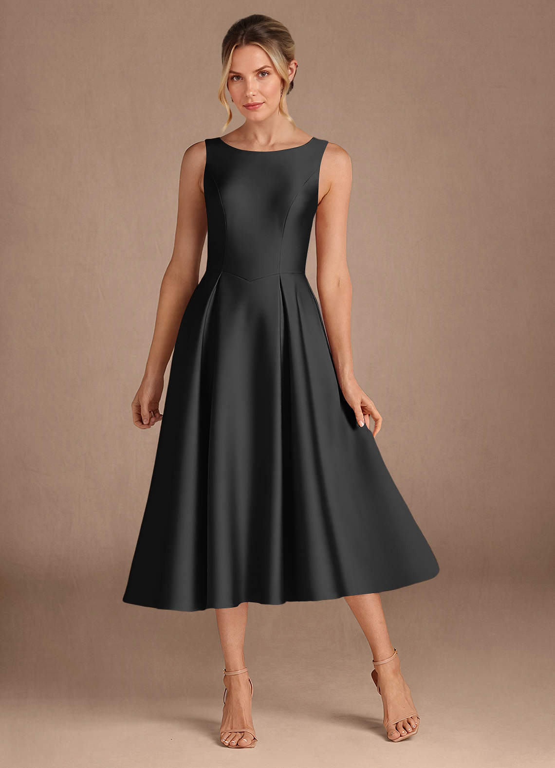 Azazie Fulton At-home Try On Dresses Black A-Line Pleated Stretch Satin Dress image1