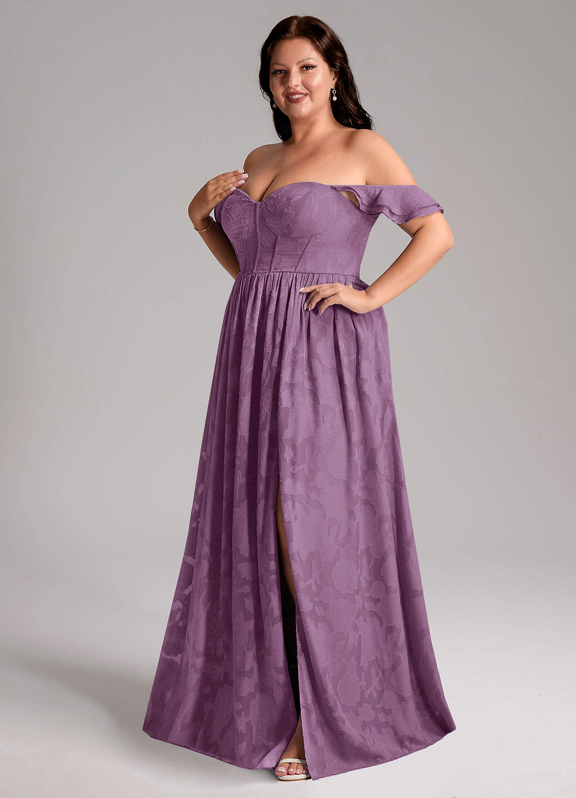 Azazie Denisse Vestidos de madrinha de casamento Vestido Glicínia de Esgotamento Floral de Linha A com Ruched image10