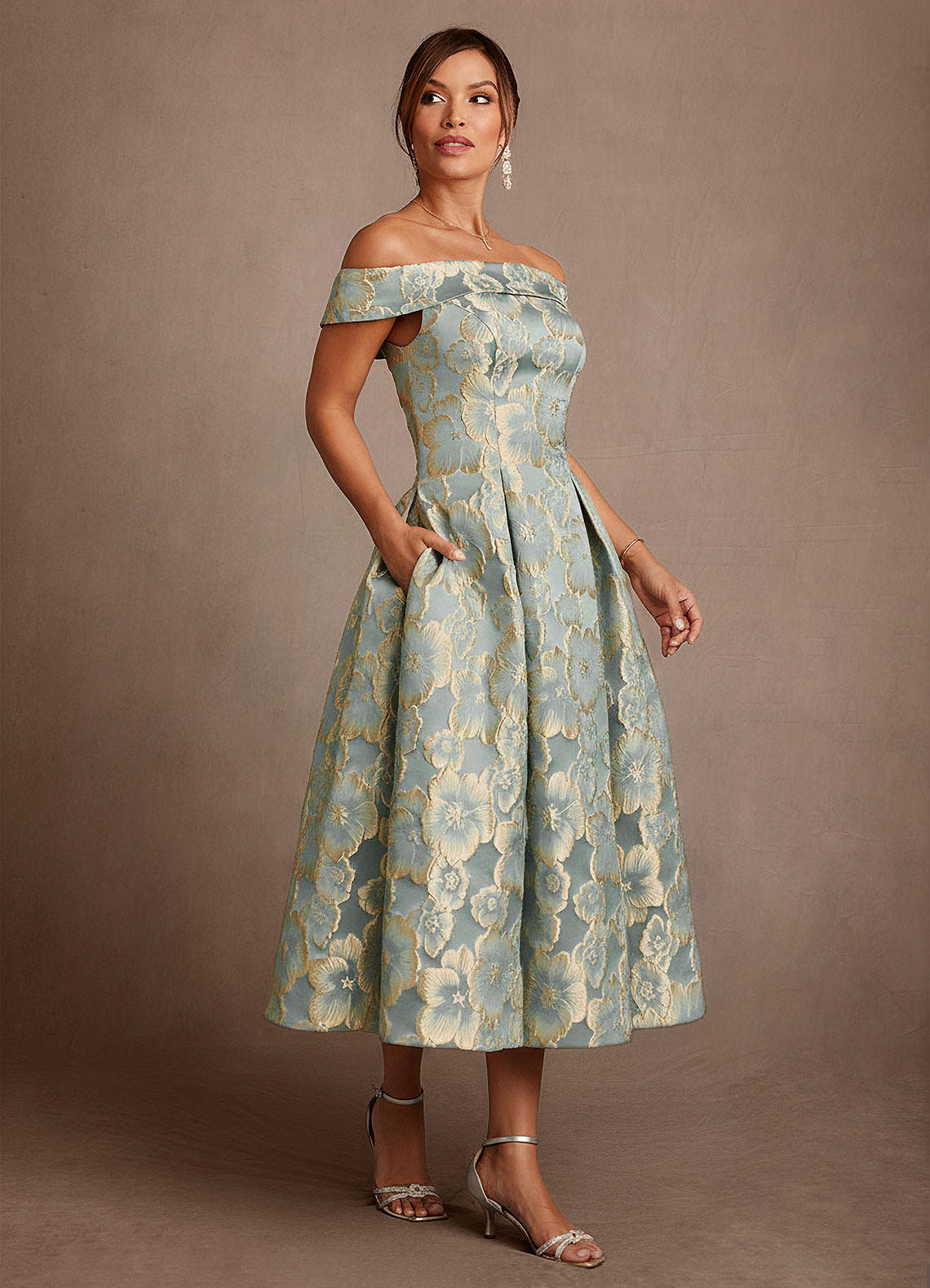 Azazie Centralia Aqua Blue Jacquard A-Line Off the Shoulder Floral