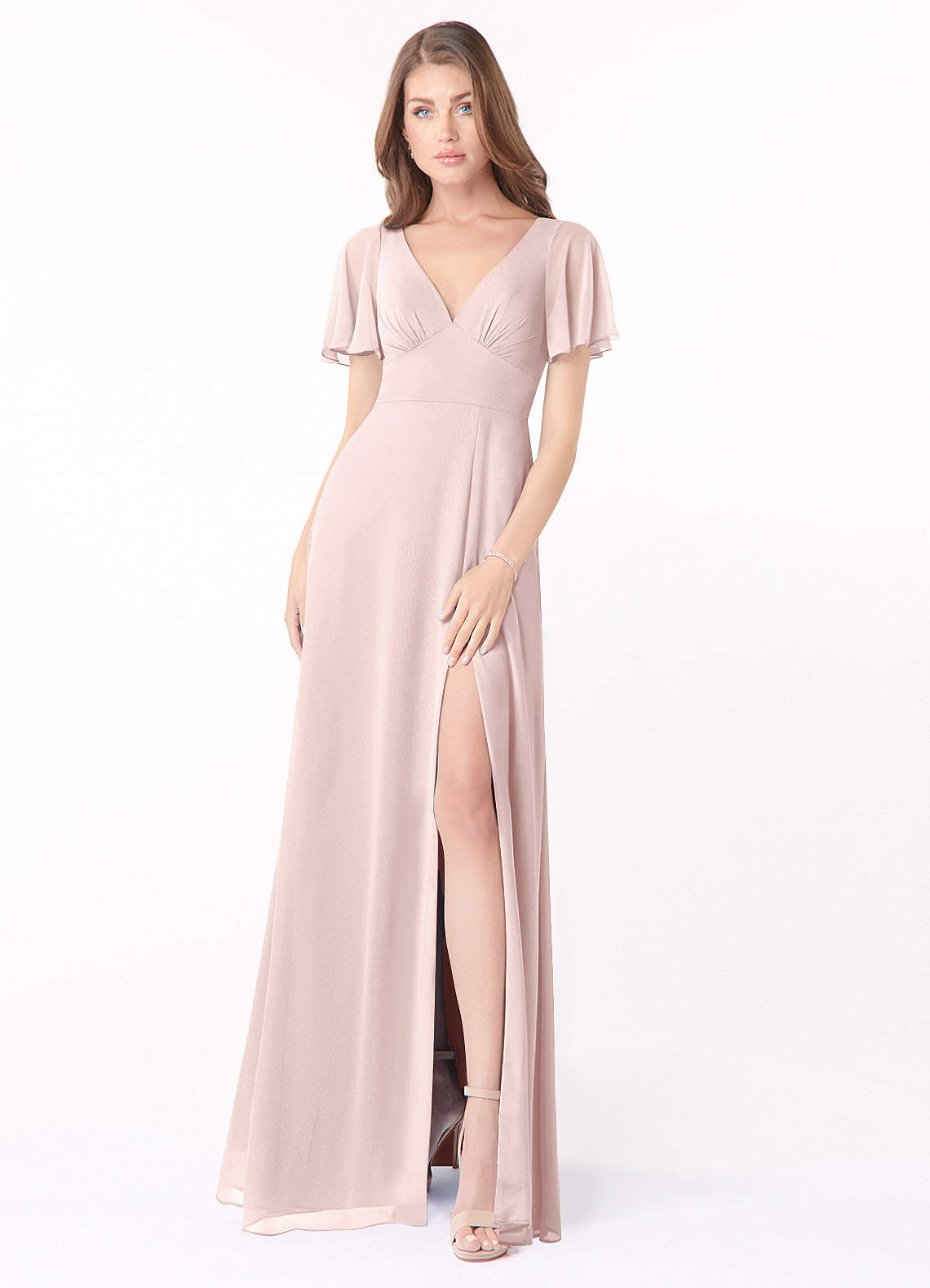 Azazie Kimber Bridesmaid Dresses Blushing Pink A-Line Flounce Sleeve Chiffon Dress image1