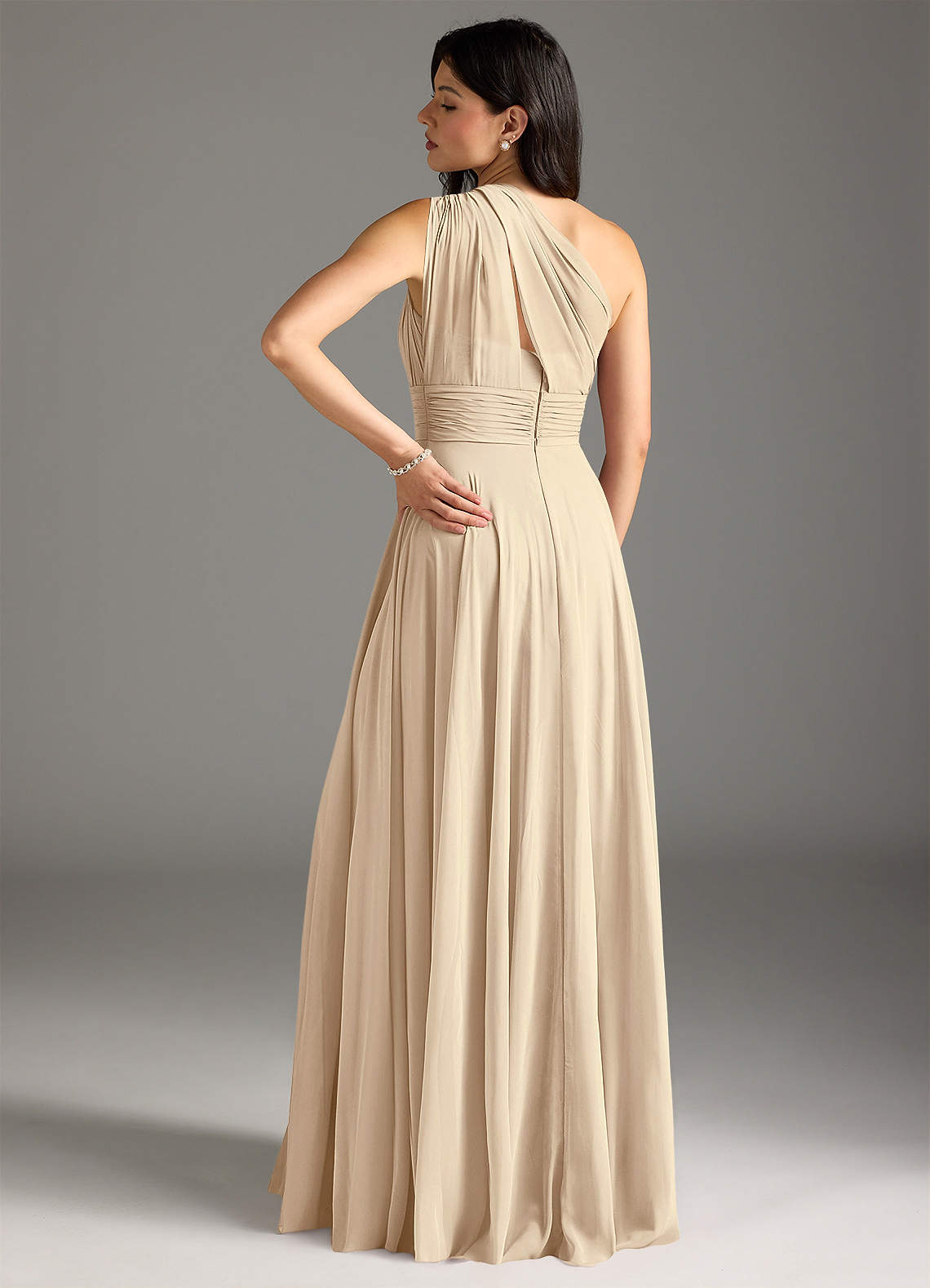 Azazie Charlize Bridesmaid Dresses Champagne A-Line One Shoulder Chiffon Dress image1