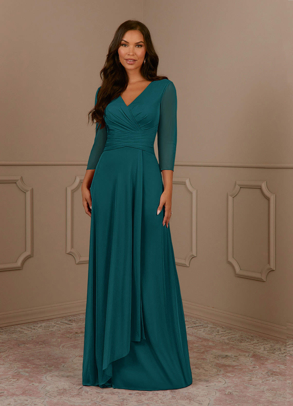 Azazie Annetta Mother of the Bride Dresses Peacock A-Line V-Neck Pleated Mesh Dress image1
