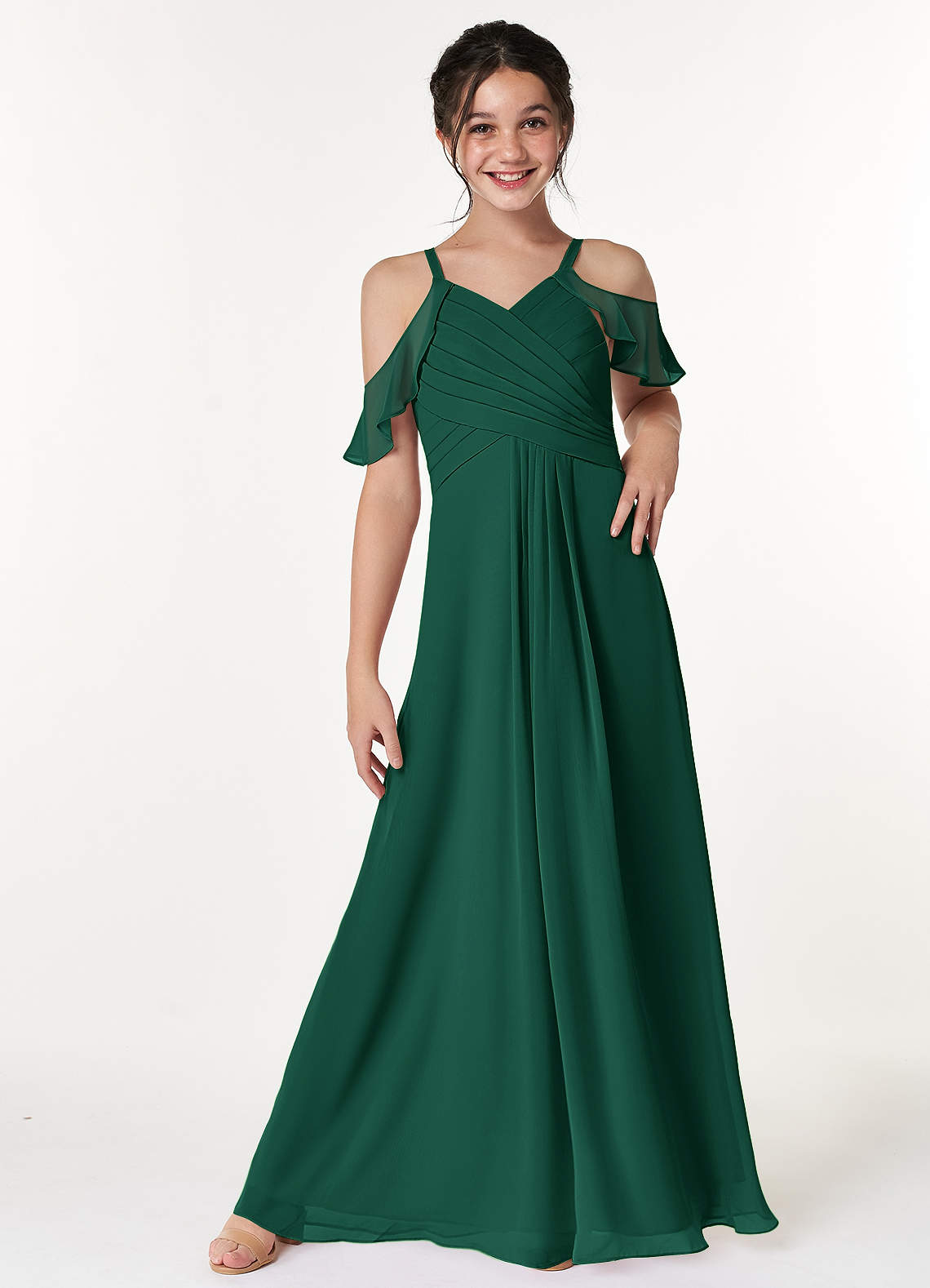 Azazie Dakota Junior Abito A-Line in Chiffon a Spalla Scoperta Smeraldo image1