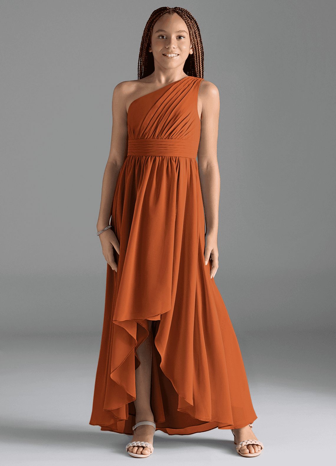 Azazie Mathilda Junior Cinnamon A-Line Pleated Chiffon Dress image1