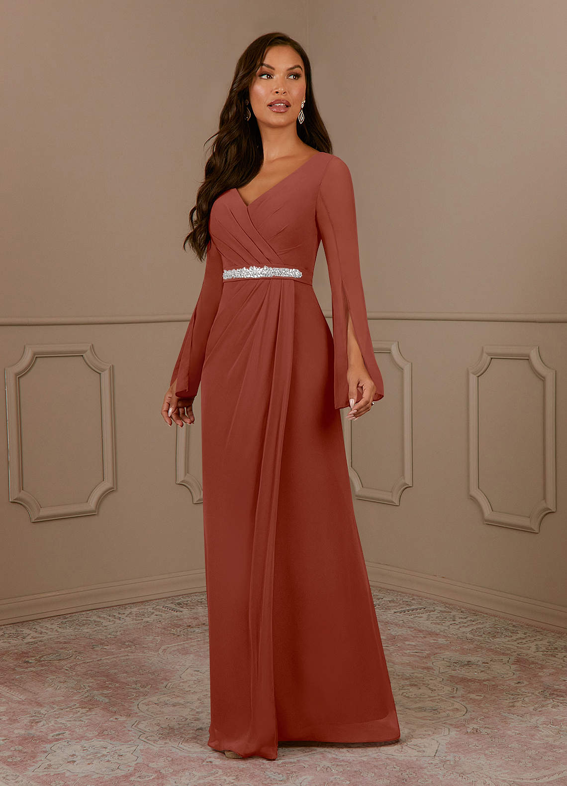 Azazie Belinda Mother of the Bride Dresses Auburn A-Line V-Neck Pleated Chiffon Dress image1