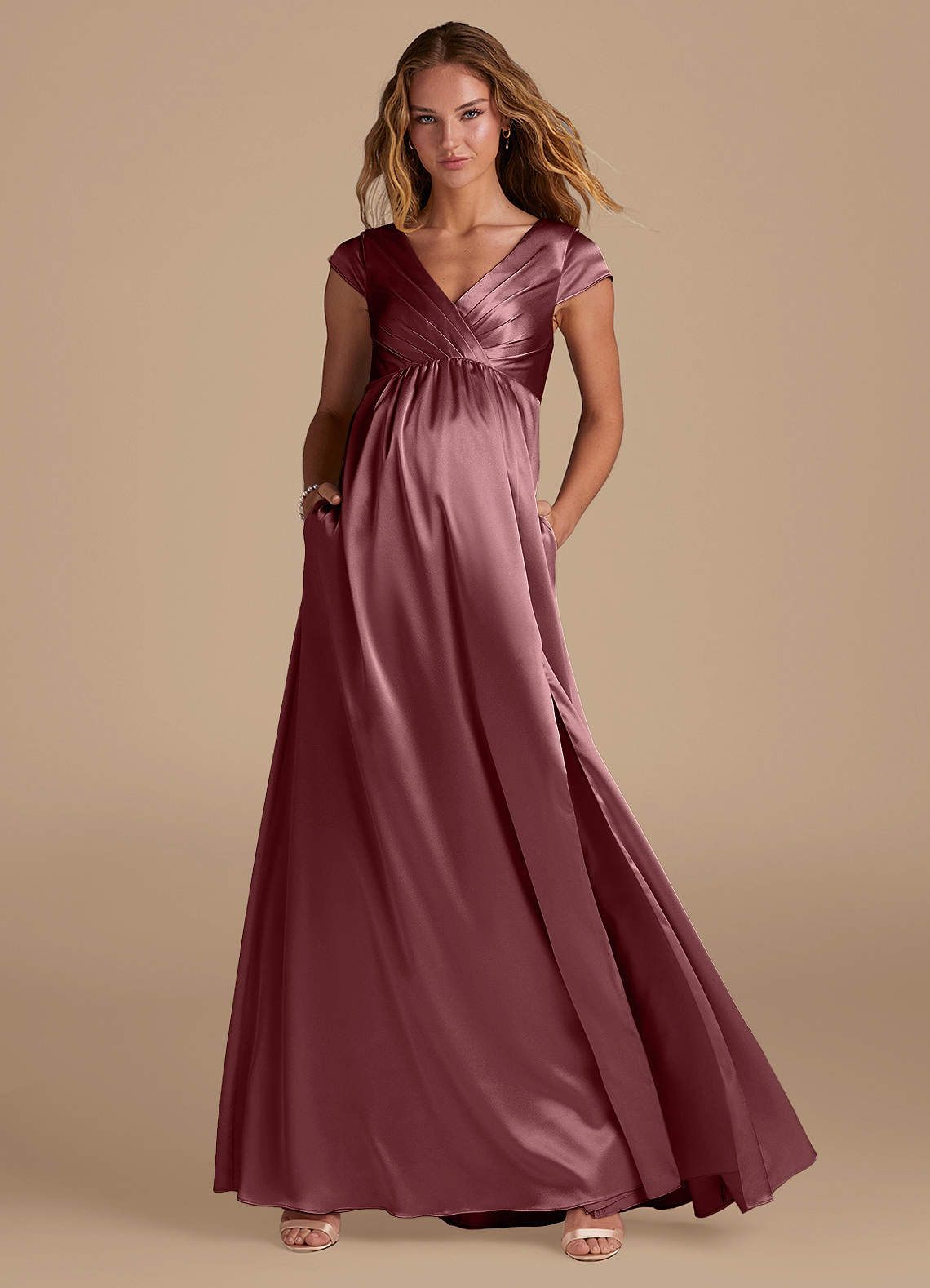 Azazie Allessia Maternity Bridesmaid Dresses A-Line Metallic Satin Floor-Length Dress image1