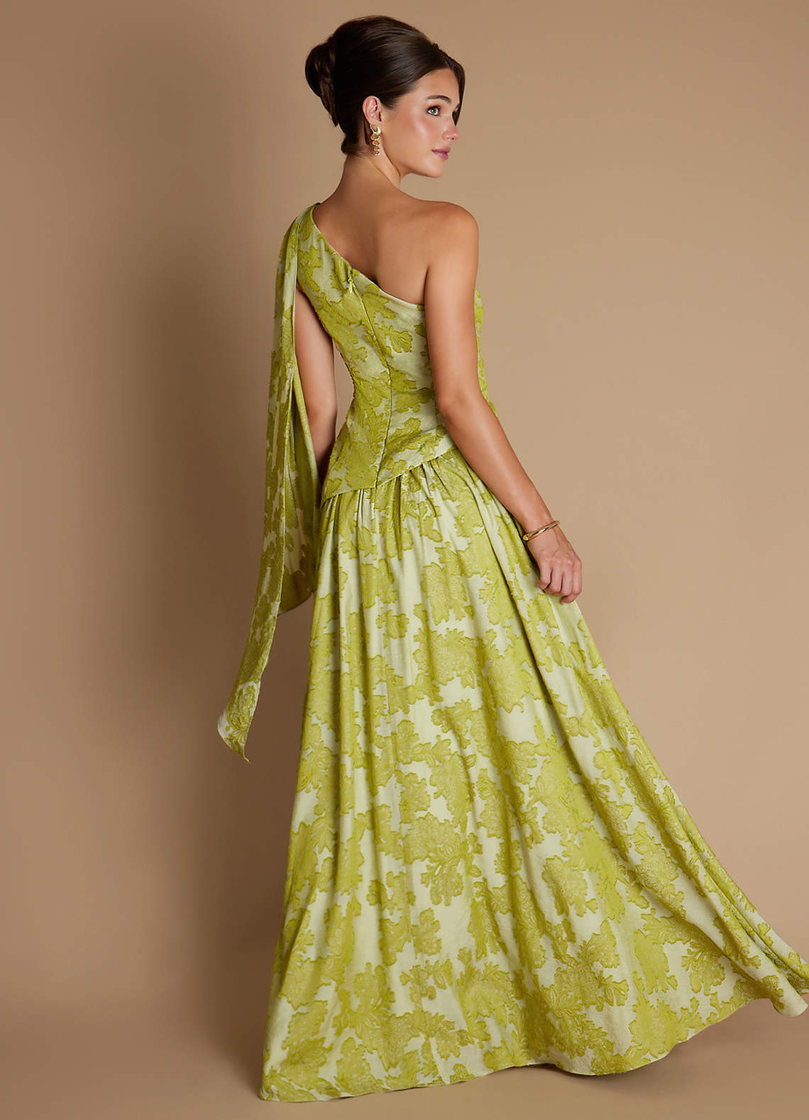 formal chartreuse dress Azazie Maxi Dresses A-Line Wedding Guest Dresses One Shoulder Vintage yellow green chartreuse color dress