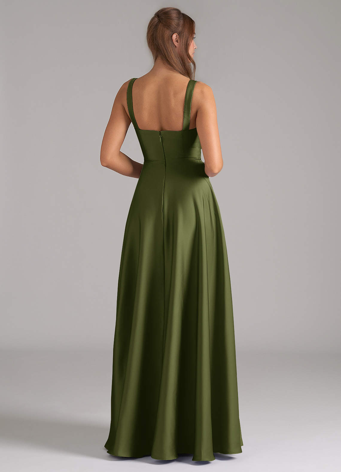Azazie Shaude Bridesmaid Dresses Olive A-Line Pleated Stretch Satin Dress image5