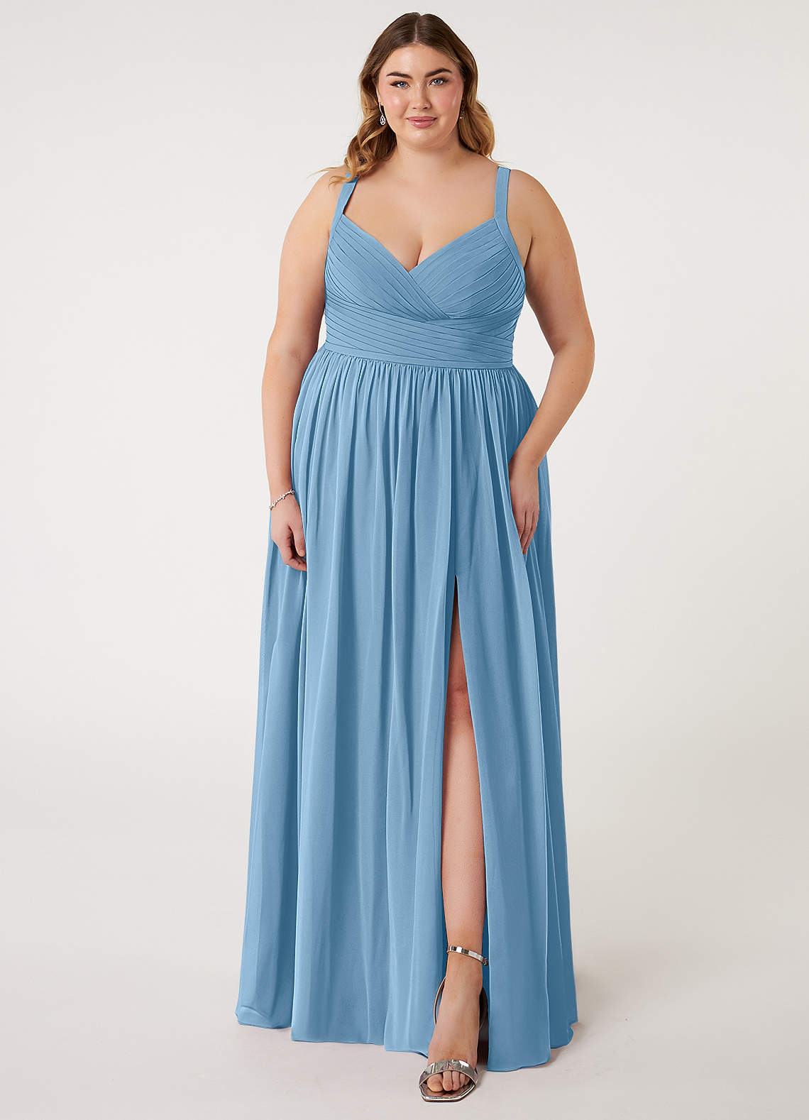 Azazie Chanel Brautjungfernkleider A-Linie Plissee Chiffon Kleid Stahlblau image1