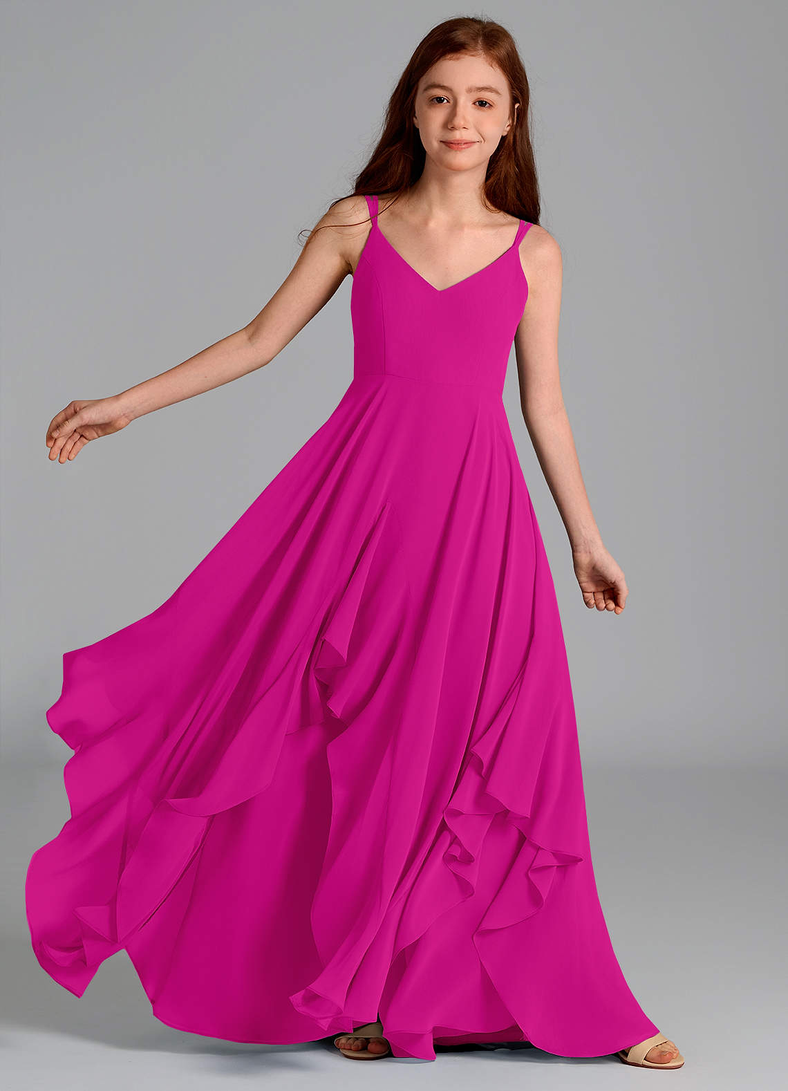 Azazie A-Line/Princess V-Neck Floor-Length Chiffon Junior Bridesmaid Dresses - Fuchsia