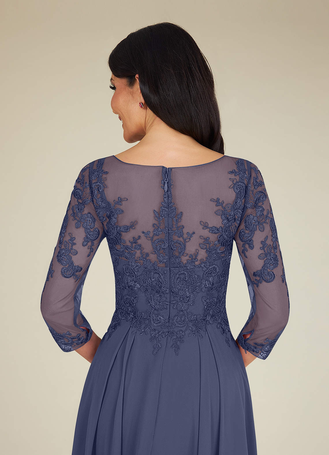 Lace 3/4 Sleeves Chiffon Tea-Length Dress Ink Blue