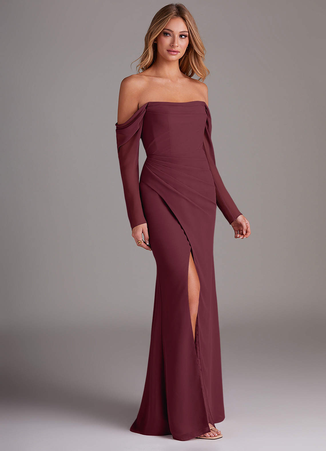 Azazie Hallie Bridesmaid Dresses Cabernet Mermaid Long Sleeve Chiffon Dress image3