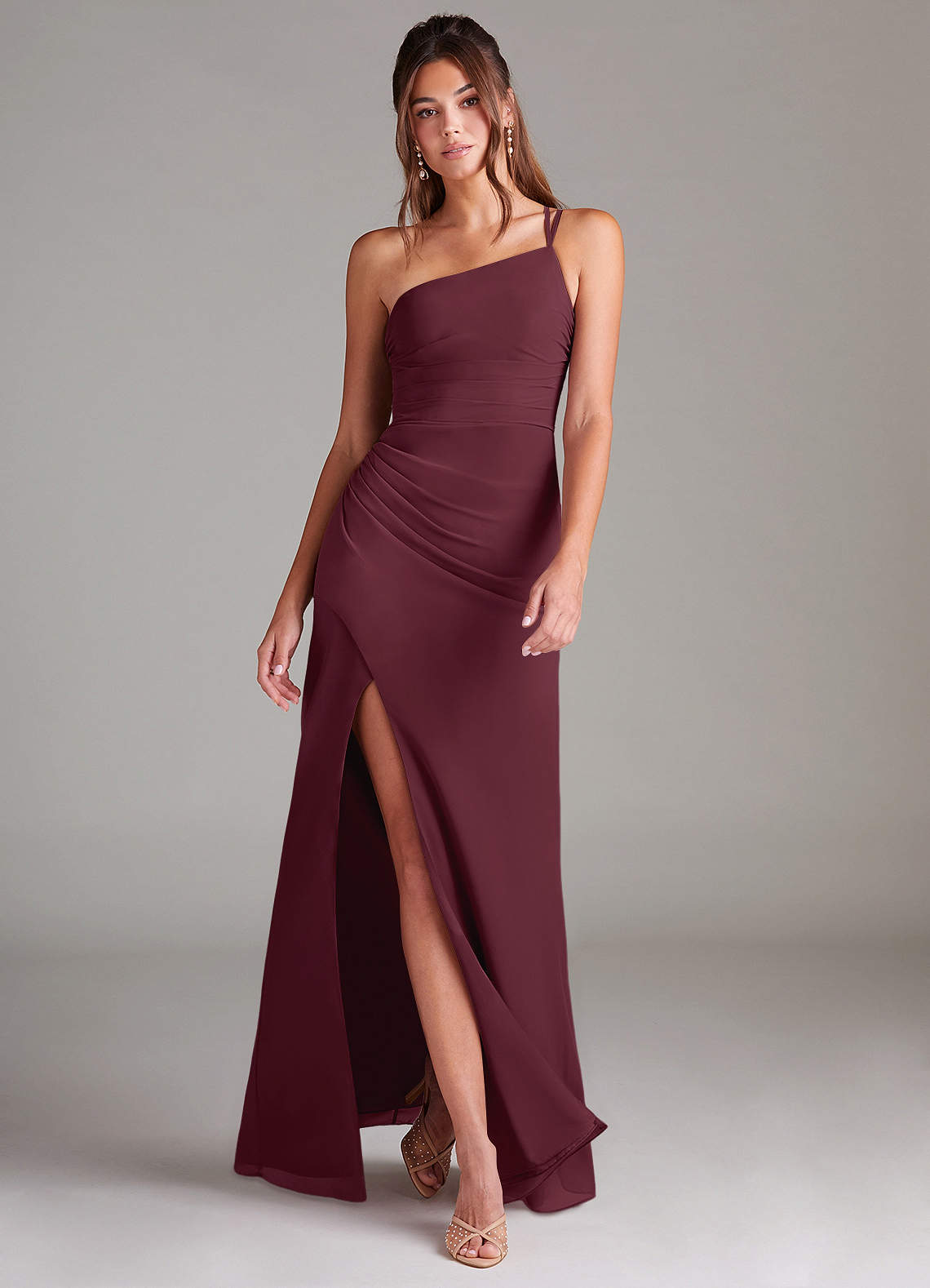 Azazie Eren Bridesmaid Dresses Cabernet Sheath One Shoulder Chiffon Dress image1