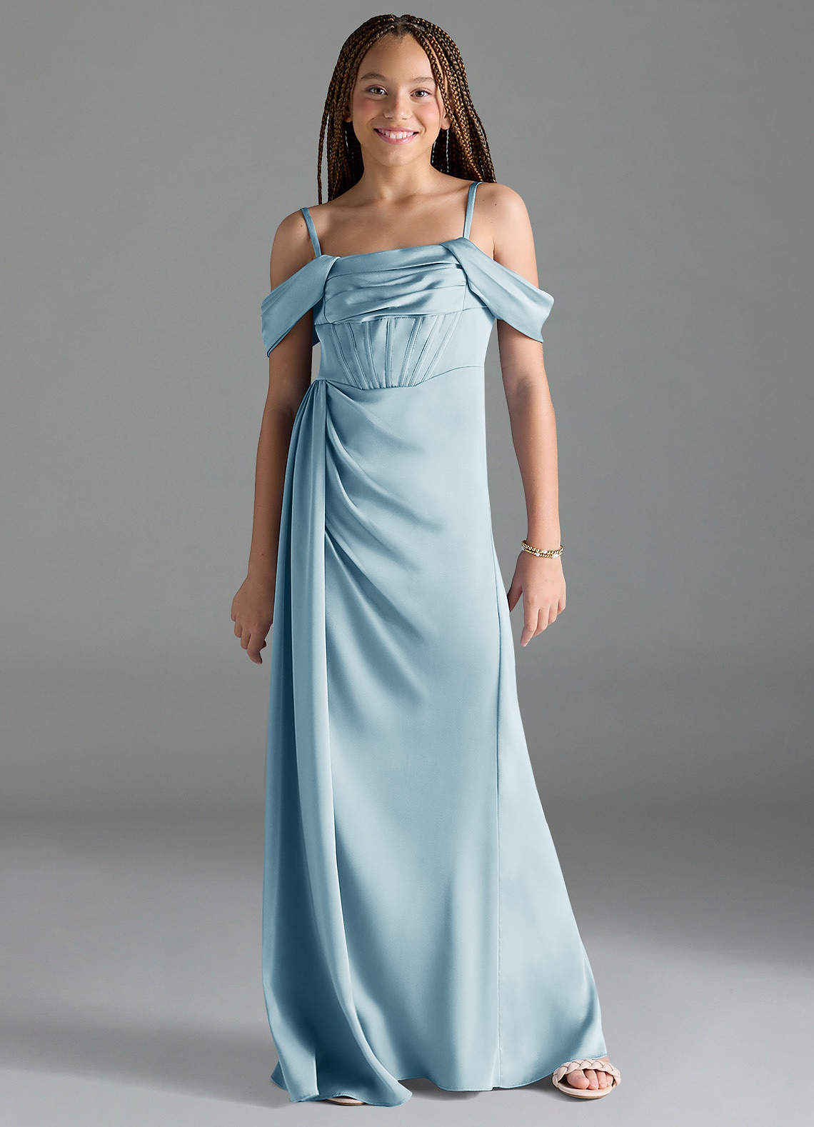 Azazie Amyra Junior Sky Blue Sheath Off the Shoulder Stretch Satin Dress image1