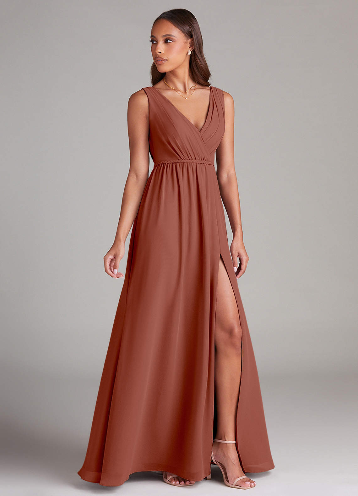 Azazie Tanicia Bridesmaid Dresses Auburn A-Line Pleated Chiffon Dress image2