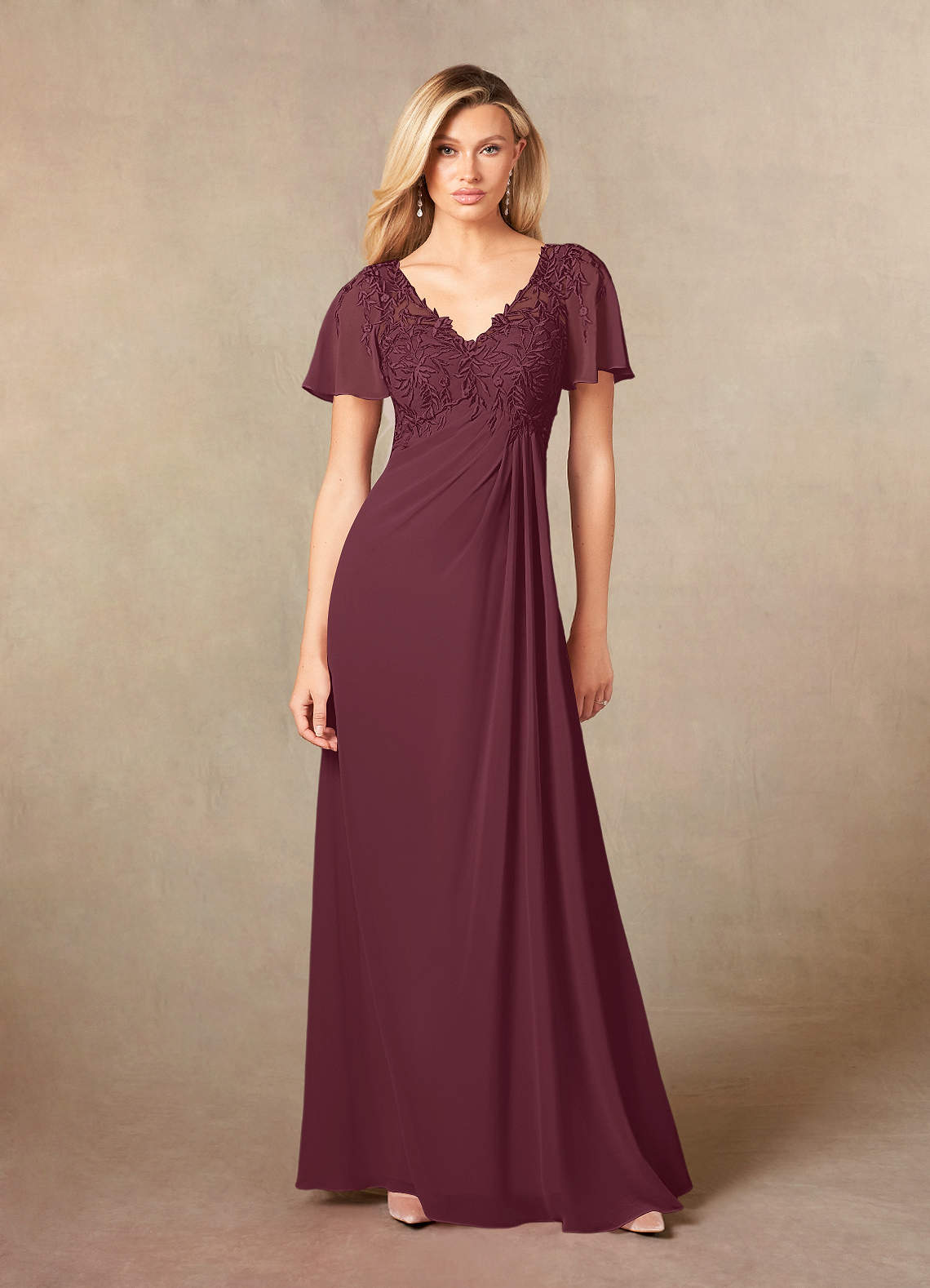 Mother Of The Bride Outfits Cabernet A-Line V-Neck Half Sleeves Appliques Waist Floor Length Chiffon Mother Of The Bride Dress