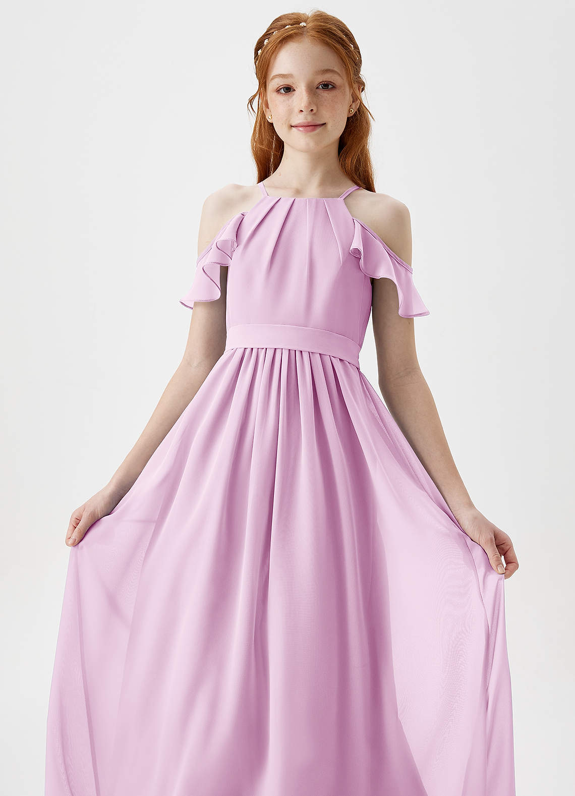 Azazie Chaya Junior Candy Pink A-Line Off the Shoulder Chiffon Dress image1