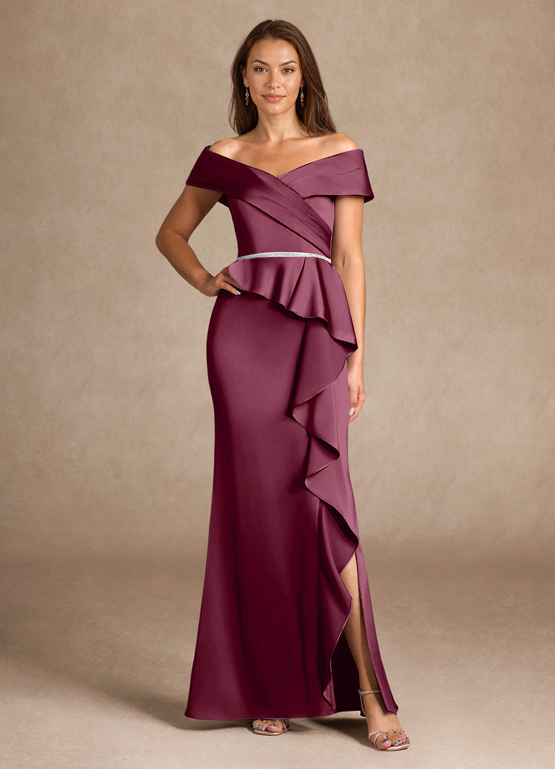 Azazie Dareia Mother of the Bride Dresses Mulberry Mermaid Off the Shoulder Stretch Satin Dress image1