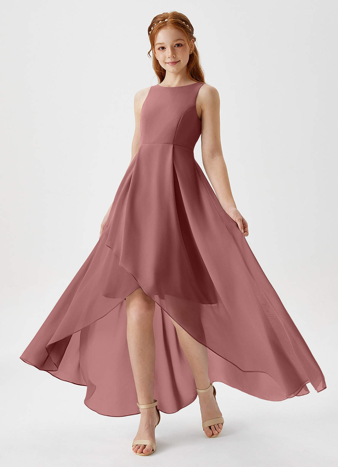 Azazie Lizette Junior Desert Rose A-Line Pleated Chiffon Dress image1