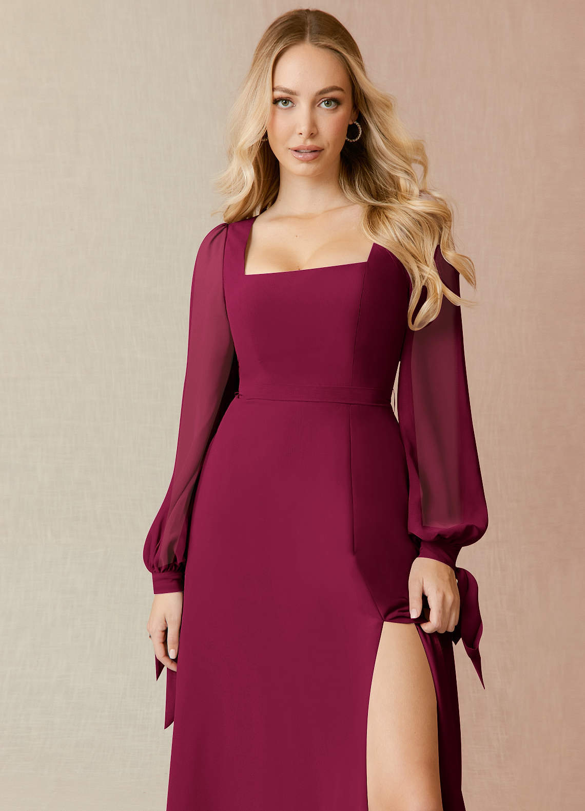 Azazie A-Line Square Neck Long Sleeve Floor-Length Chiffon Bridesmaid Dresses