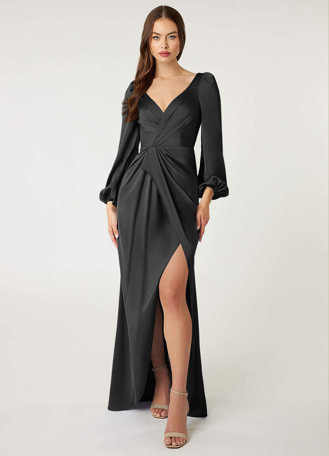 Azazie Mel Bridesmaid Dresses Black Sheath Long Sleeve Stretch Satin Dress image1