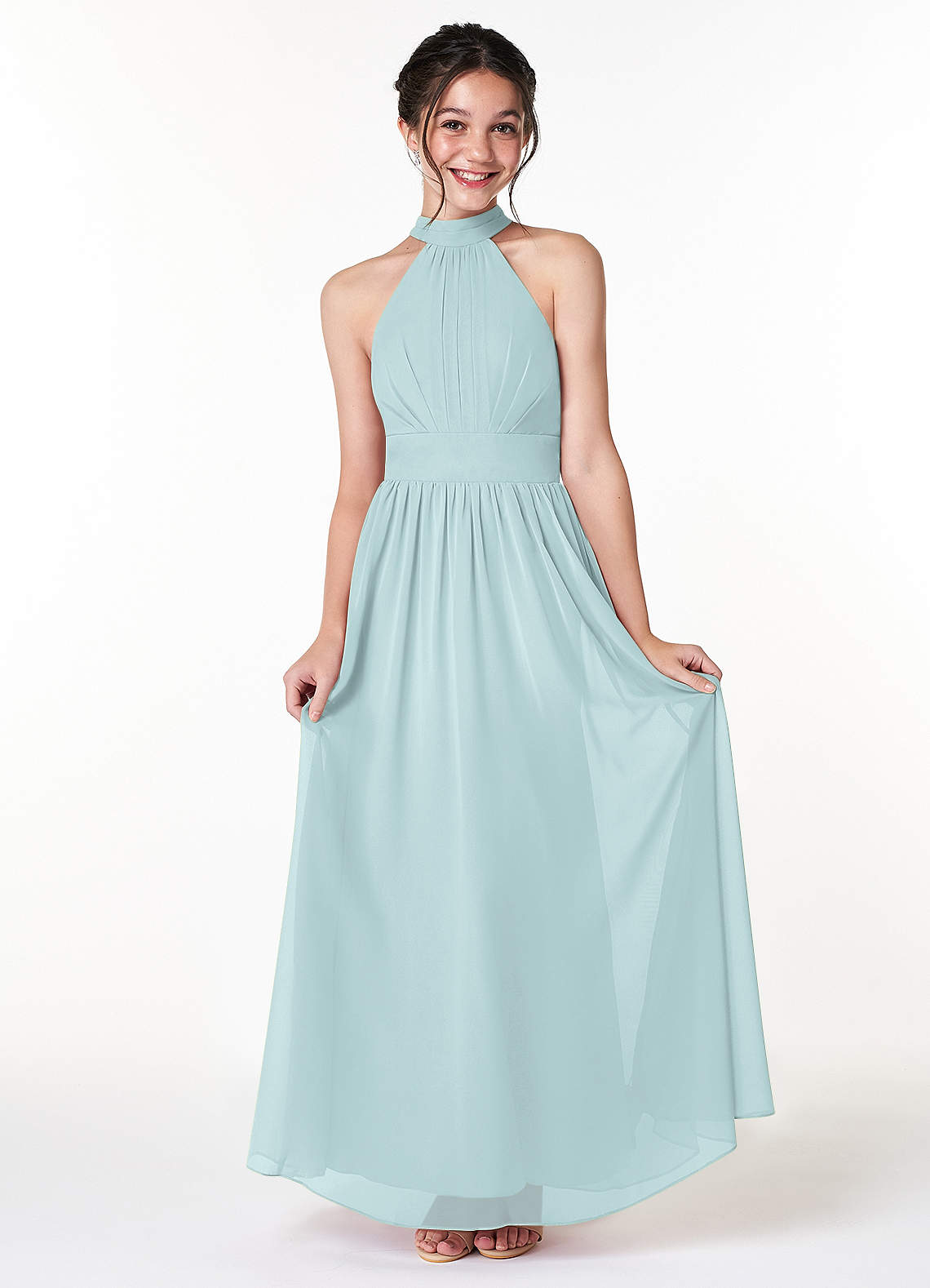 Azazie Iman Junior A-Linie Plissee Chiffon Kleid Nebel image1