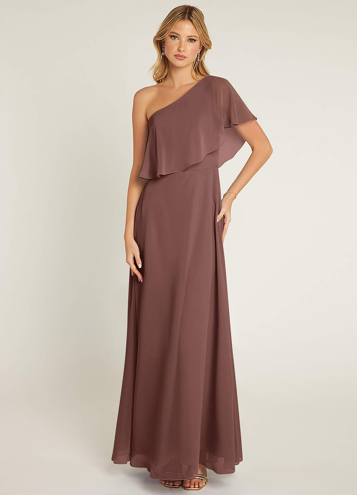 Azazie Lizzy Vestidos de damas de honor Vestido de Expresado de Gasa de Corte en A con Hombro unilateral image1