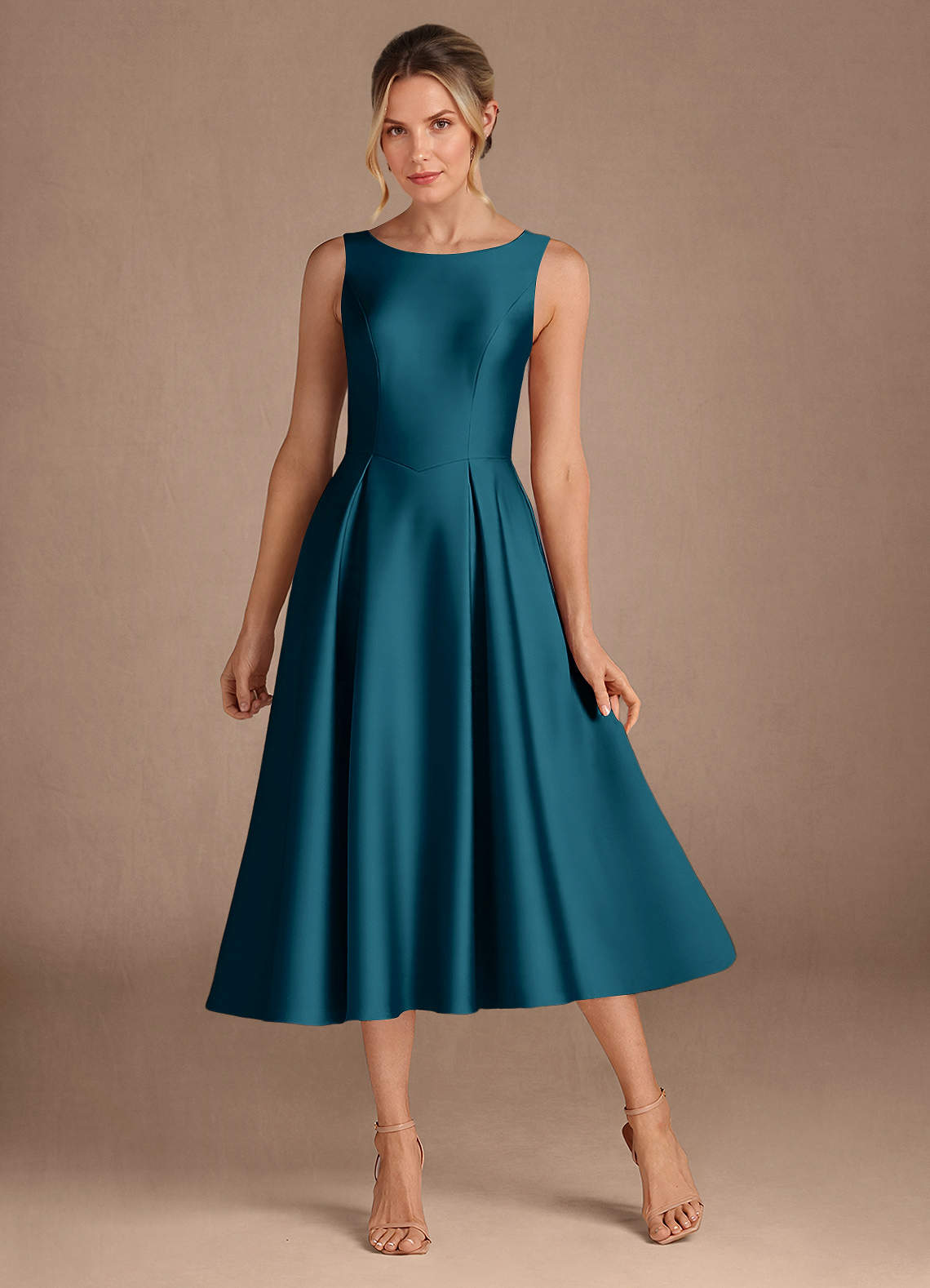 Azazie Fulton vestidos de madre de la novia Vestido de Azul Tinta de Satén Elástico de Corte En A con Plisado image1