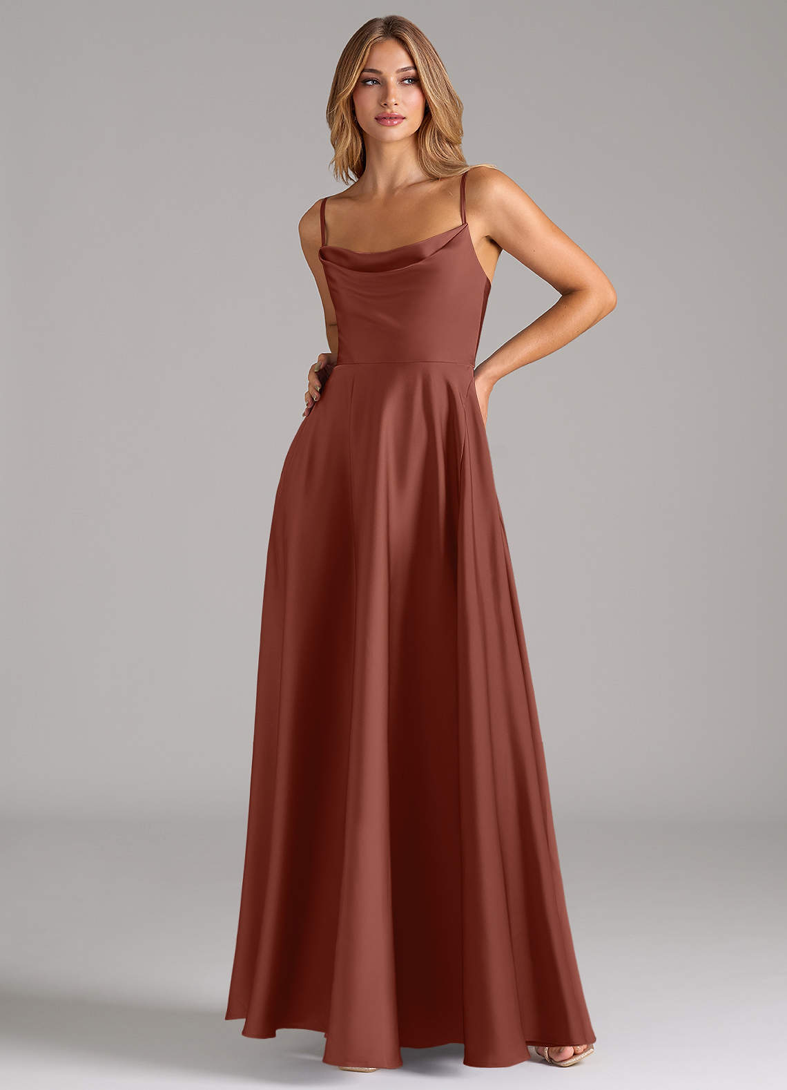 Azazie Elle Bridesmaid Dresses Auburn A-Line Pleated Stretch Satin Dress image4