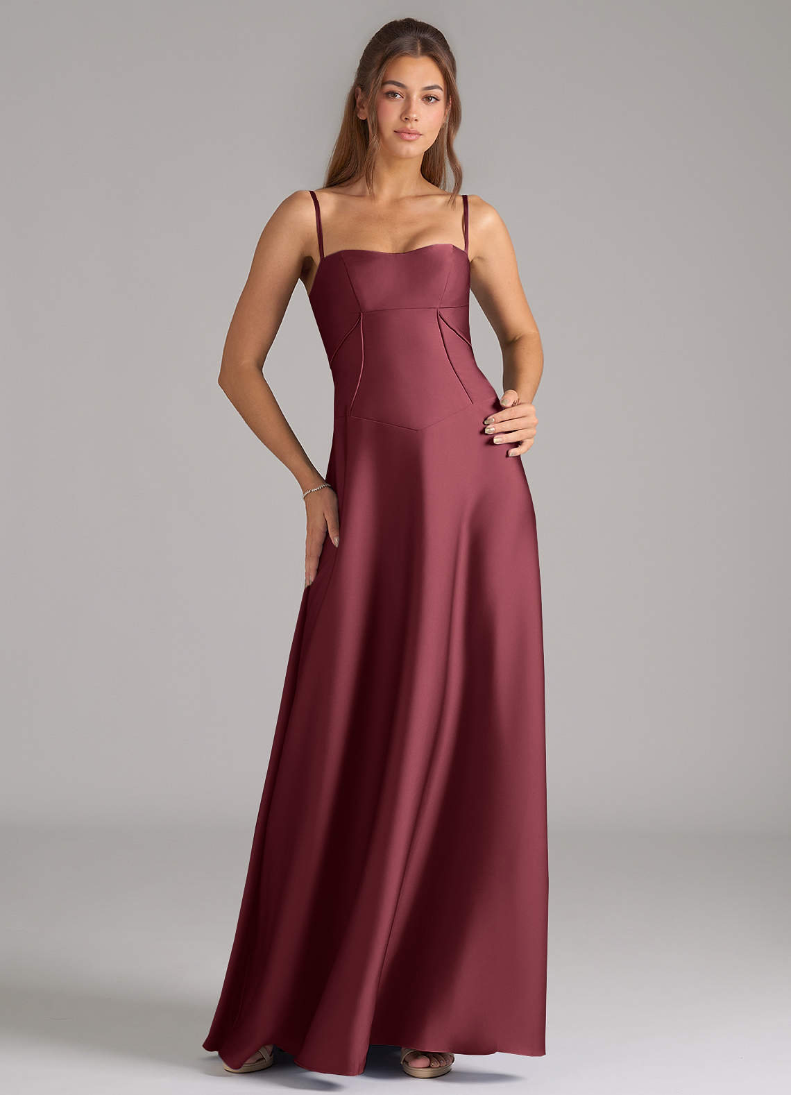 Azazie Valentine Bridesmaid Dresses Merlot A-Line Corset Stretch Satin Dress image1
