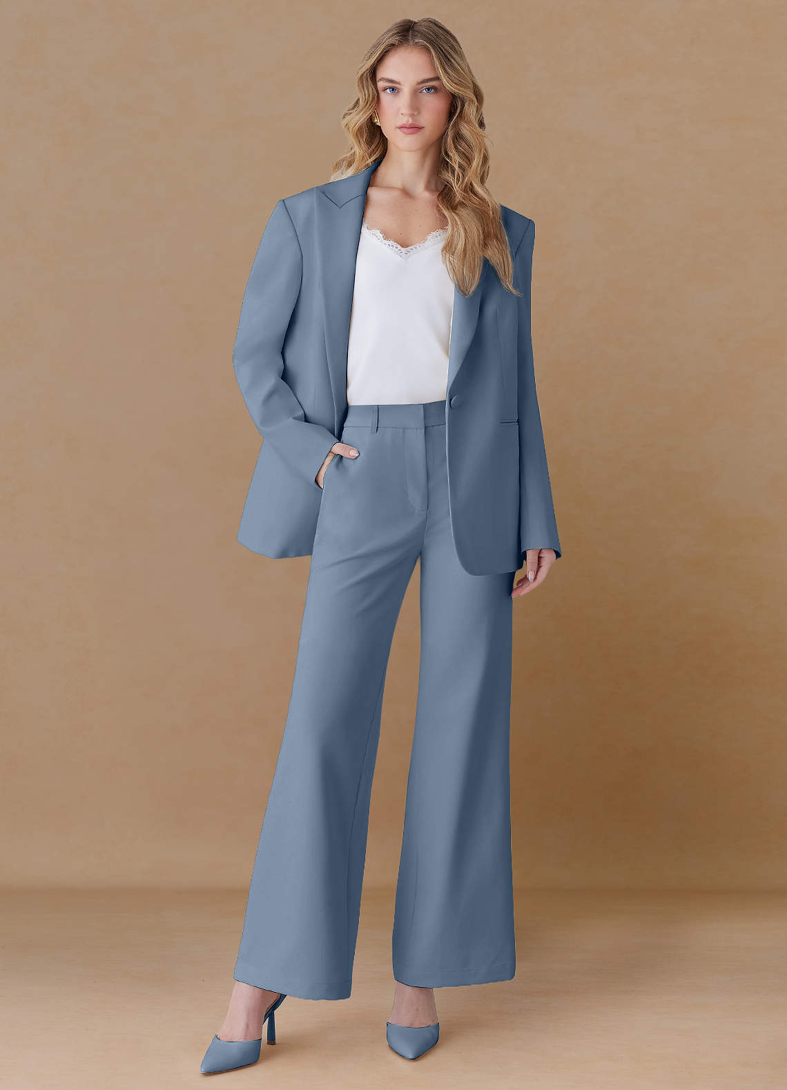 front Amelia Dusty Blue Refined Weave Performance Oversized Blazer