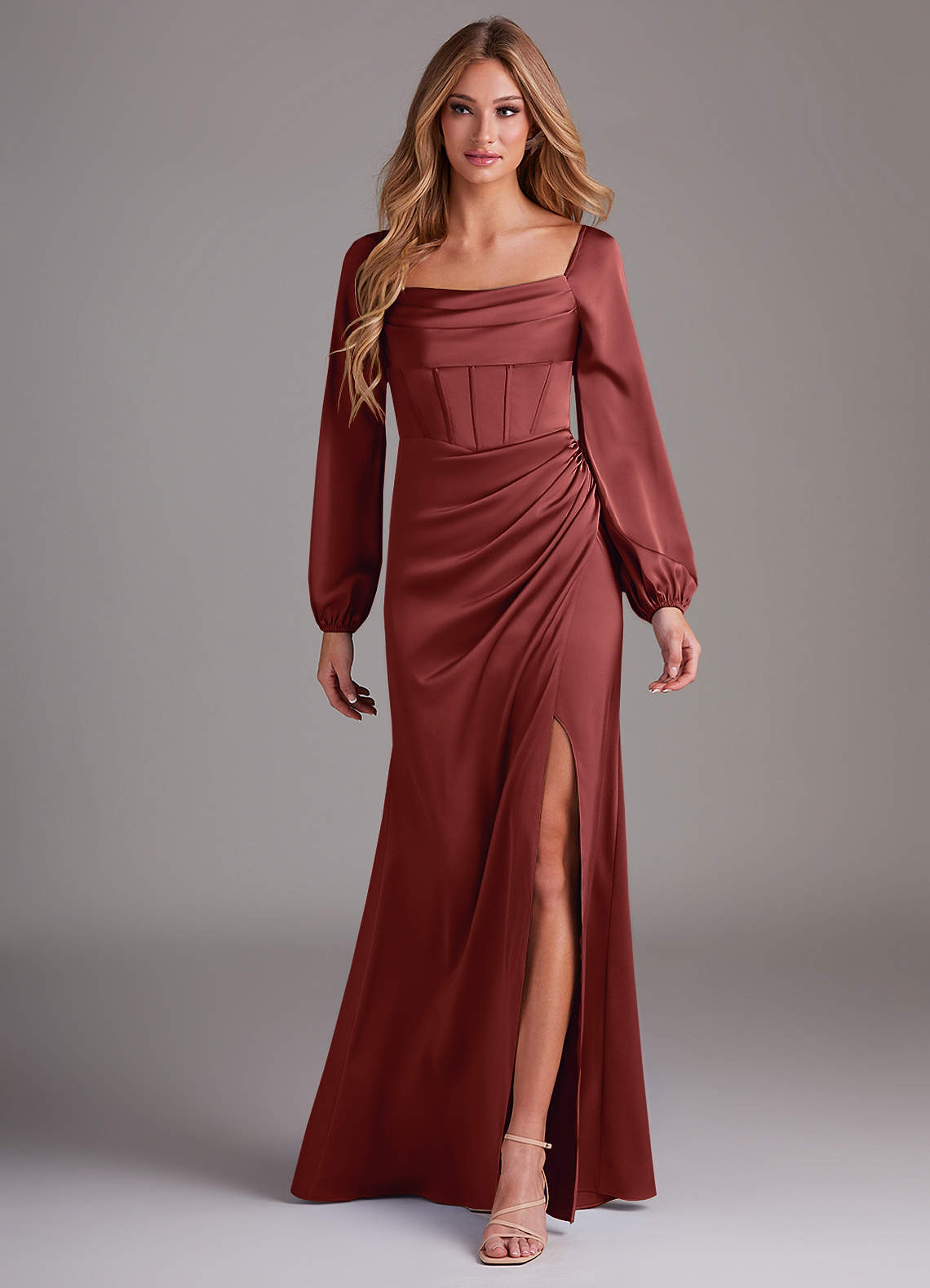 satin terracotta bridesmaid dresses Elegant V-Neck A Line Slit Stretch Satin Long Bridesmaid Dress The metallic satin fabric catches the light beautifully Azazie Sheath Cowl Neck Long