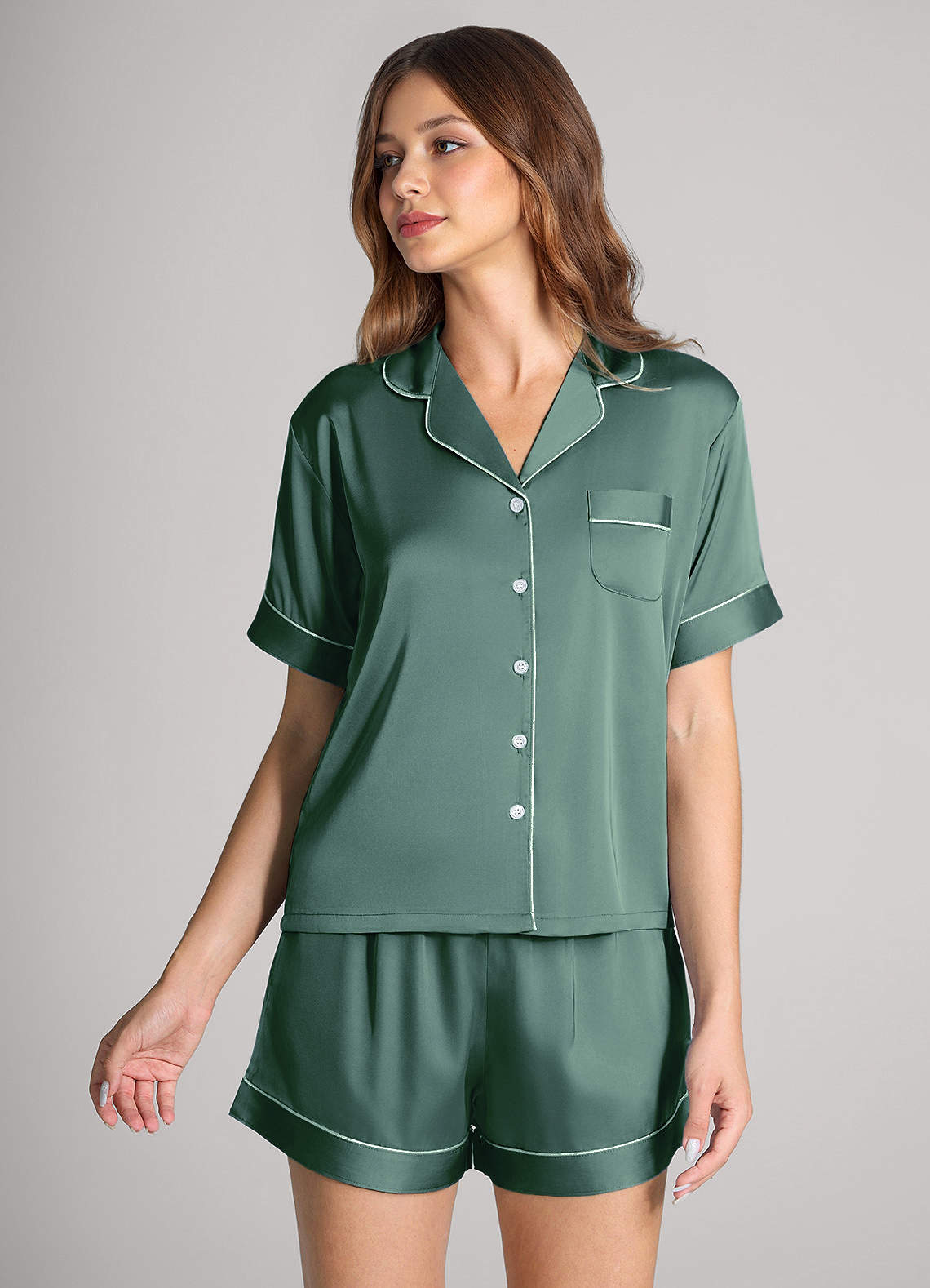 front Matching Color Satin Contrast Piping Pajama Set