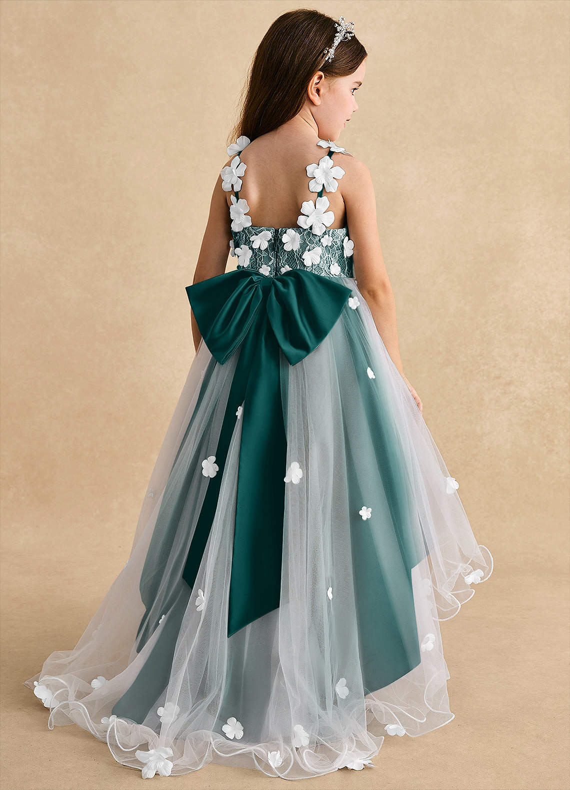 Azazie Celia Robe Demoiselle D'honneur Fillette Robe Trapèze en Tulle Dentelle Paon image1