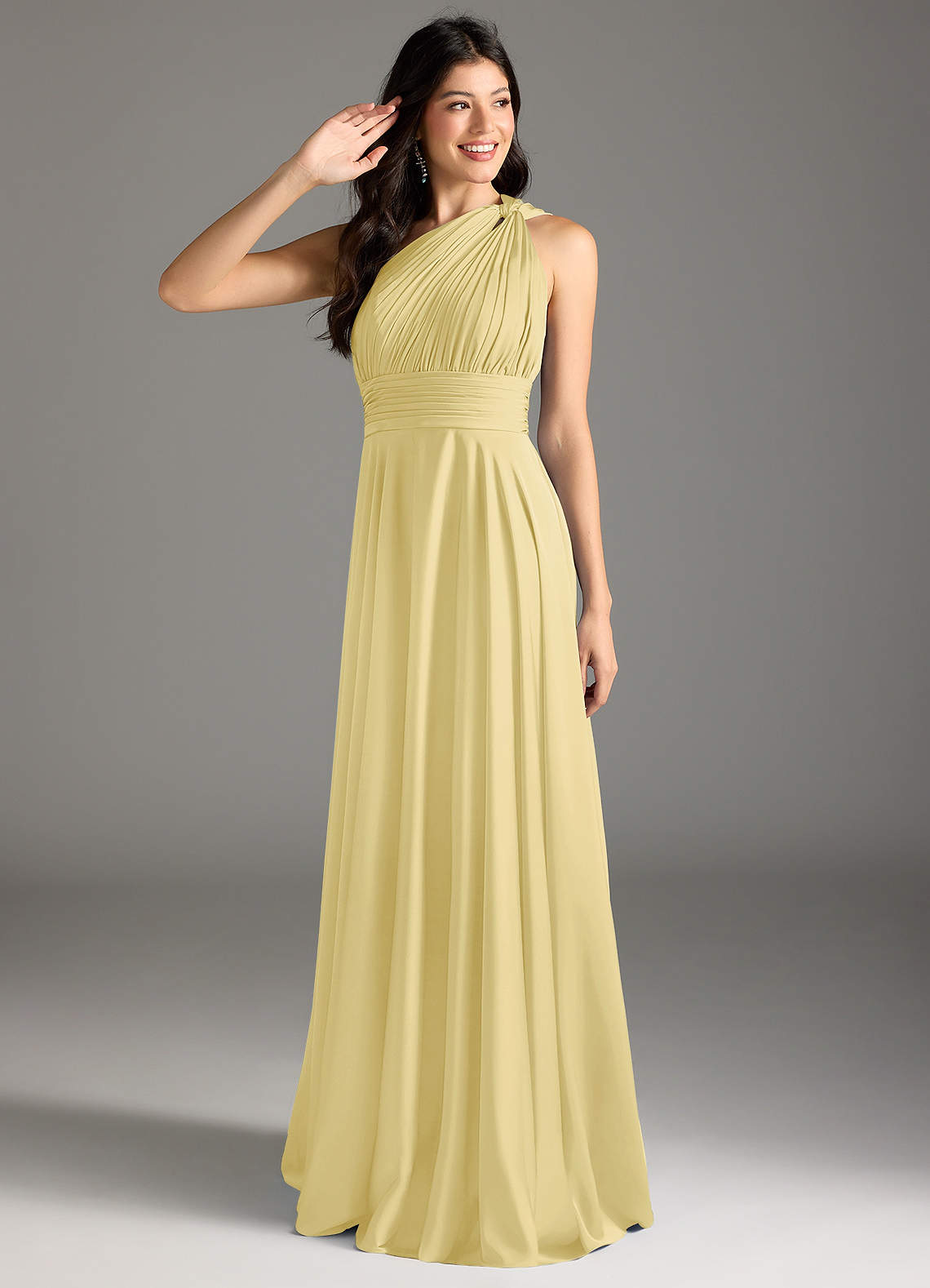 Azazie Charlize Brautjungfernkleider A-Linie One-Shoulder Stretch-Satin Kleid Zitronensorbet image1