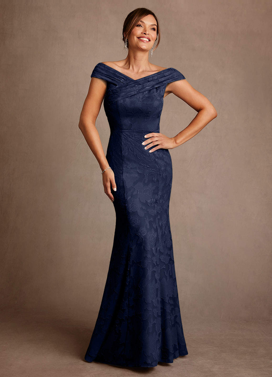 Azazie Aberdeen Dark Navy Sheath Pleated Floral Burnout Dress | Azazie