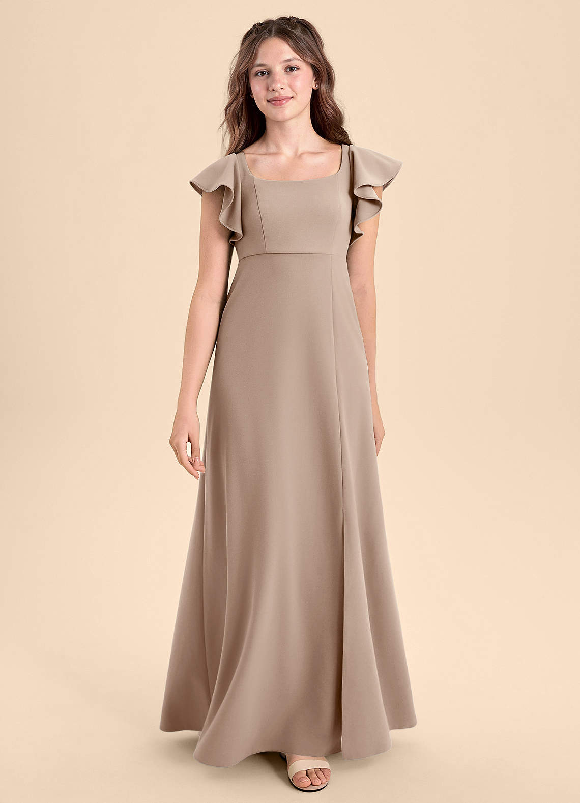 Azazie Bondi Junior Robe Trapèze en Crêpe Élastique Fente Latérale Taupe image1