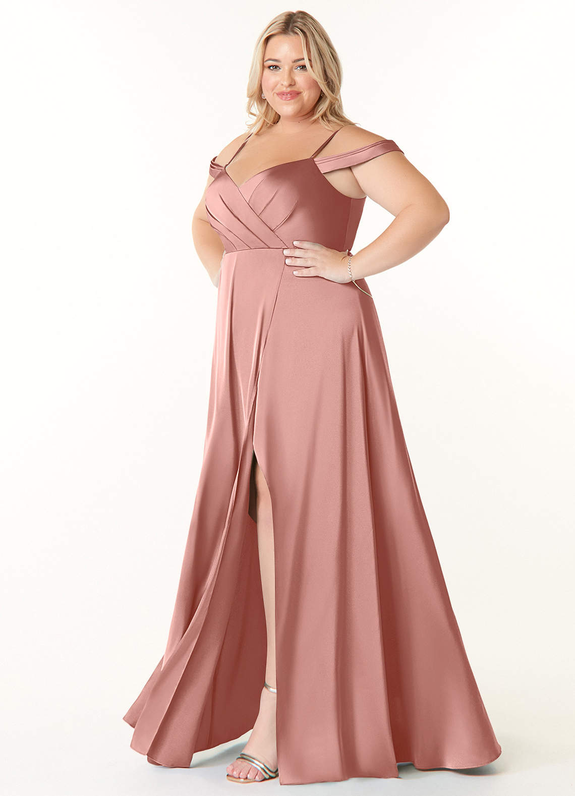 Azazie Ocean Vestidos de damas de honor Vestido de Rosetón de Satén Elástico de Corte en A con Cuello en V Plisado image7