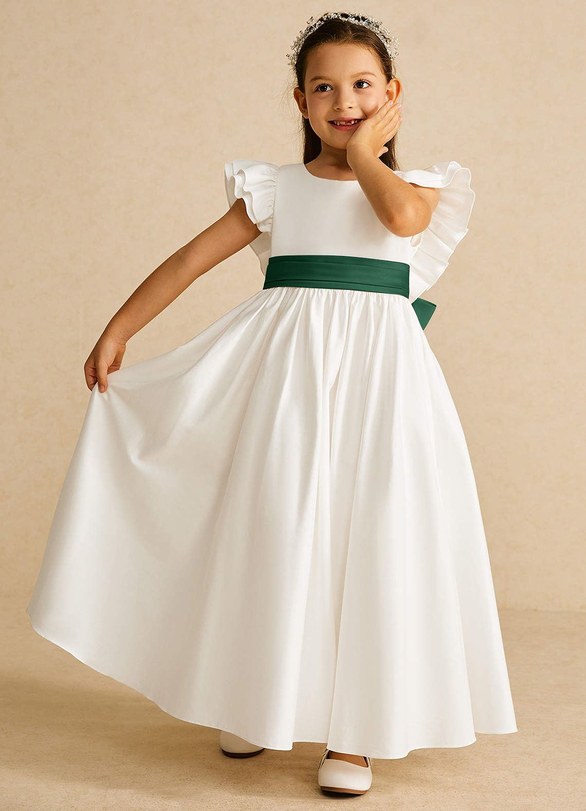 Azazie Aero Flower Girl Dresses Ivory Dark Green A-Line Pleated Cotton Dress image5