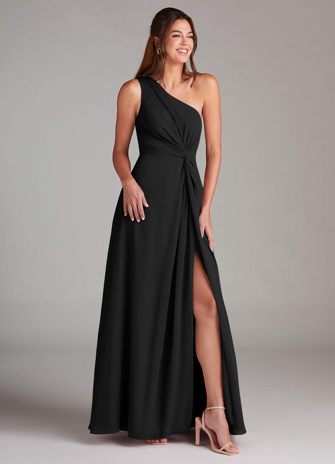 Azazie Brooke Bridesmaid Dresses Black A-Line One Shoulder Chiffon Dress image3