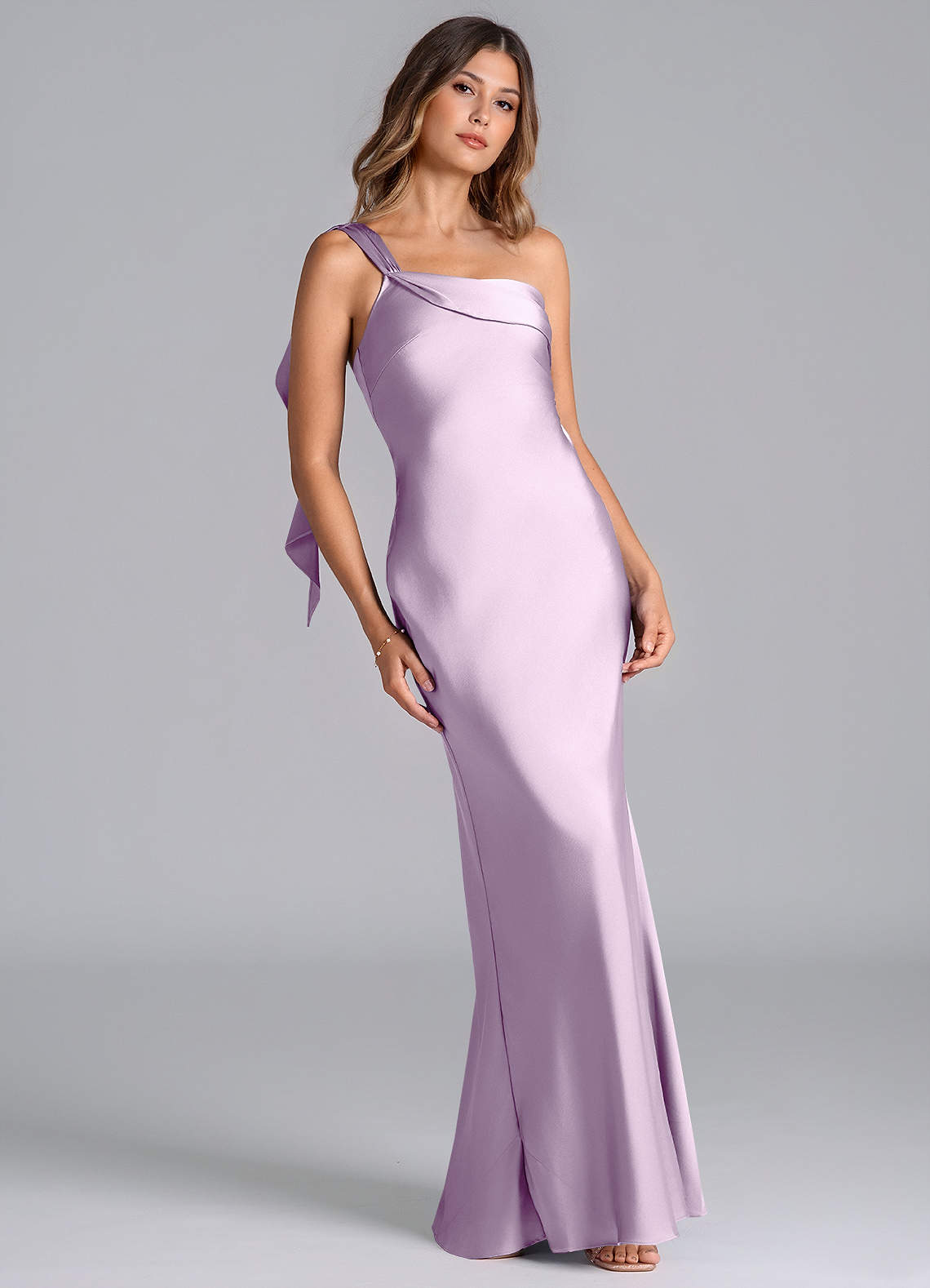 Azazie Driea Bridesmaid Dresses Frosted Lilac Mermaid One Shoulder Stretch Satin Dress image1