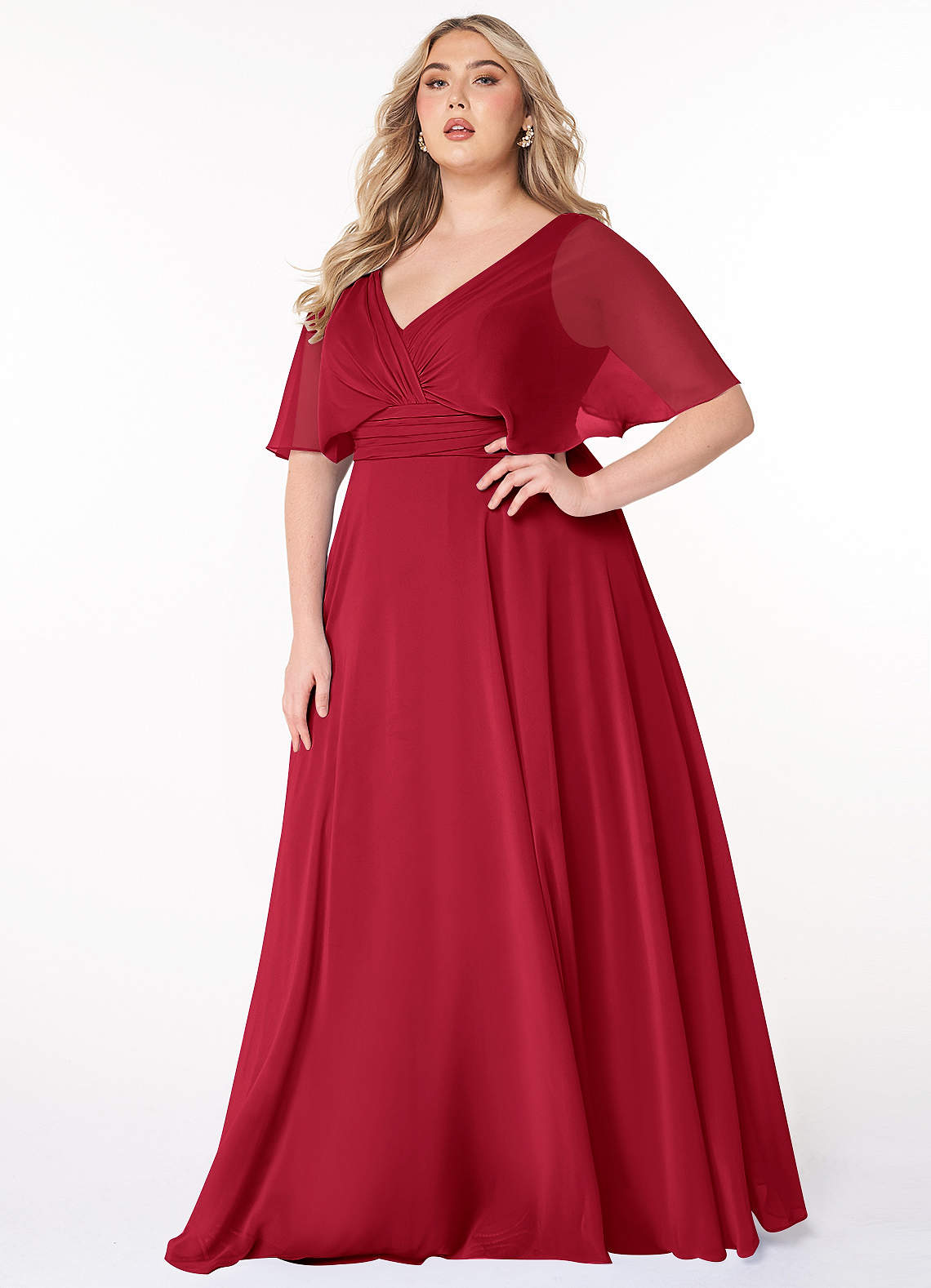 Azazie Pamela Brautjungfernkleider A-Linie V-Hals Gefaltet Chiffon Kleid Scharlachrot image1
