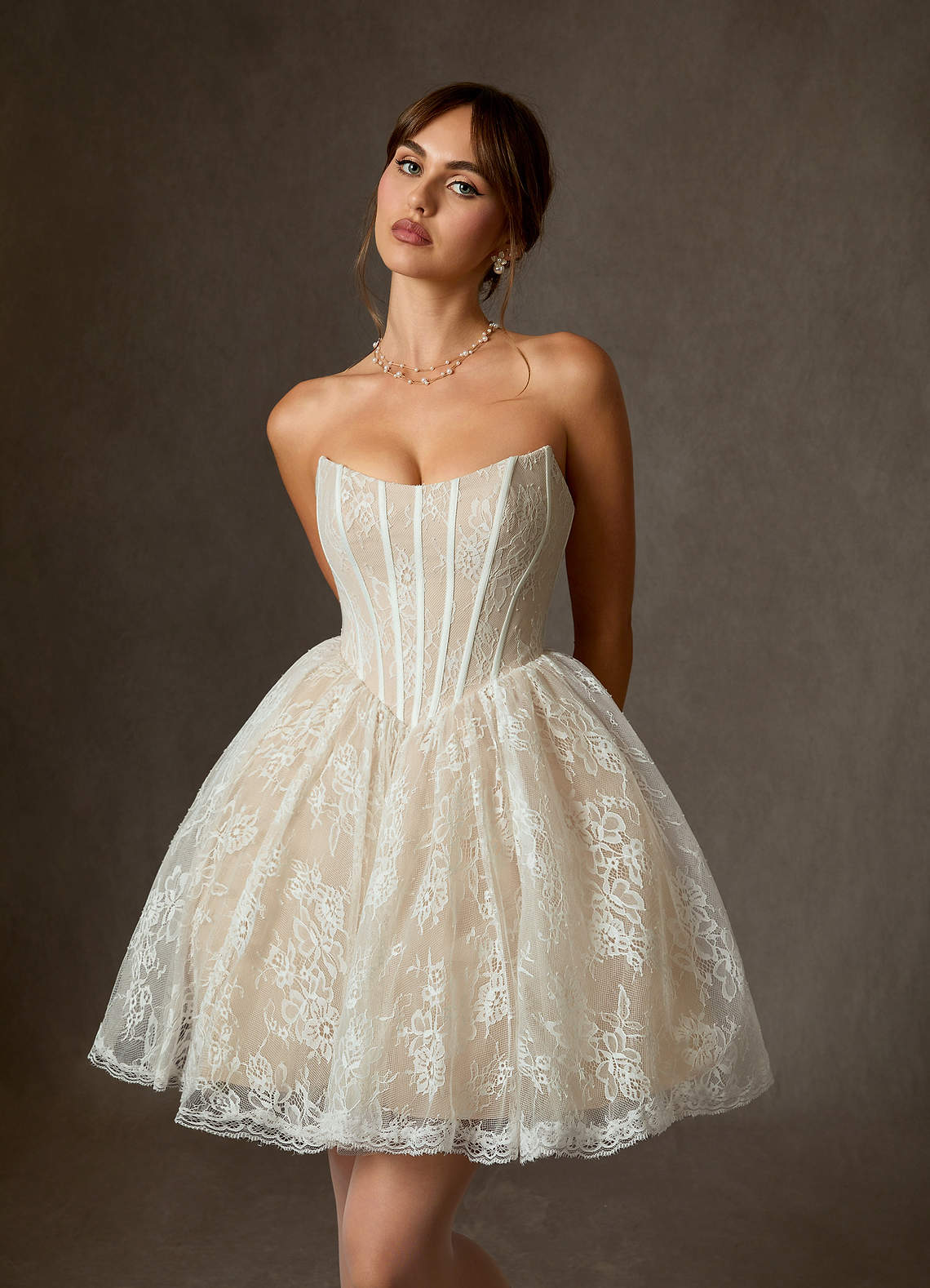 Azazie Clover At-home Try On Dresses Diamond White Champagne Ball-Gown Strapless Lace Dress image5