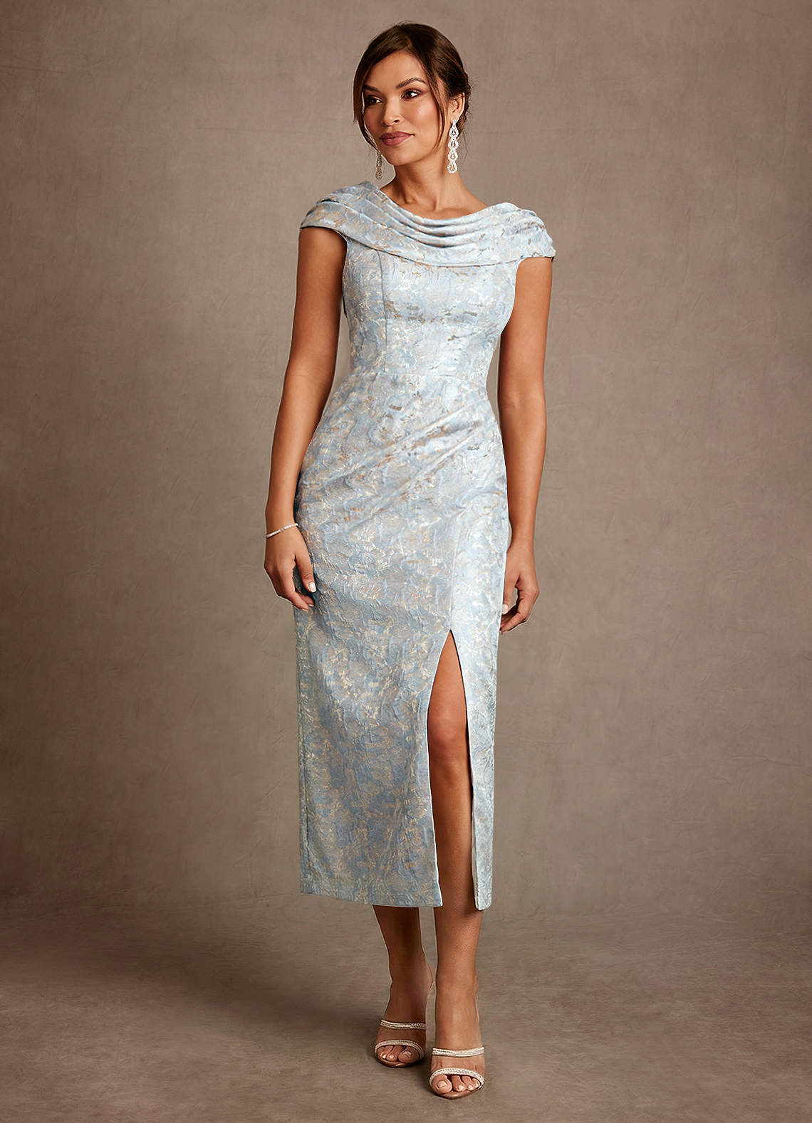 Azazie Alpine Kleider für die Brautmutter A-Linie Plissee Blumen-Jacquard Kleid Staubblau image2