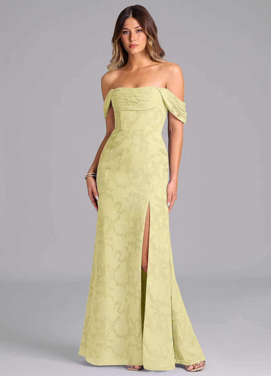 Azazie Saige Bridesmaid Dresses Lemon Sorbet A-Line Off the Shoulder Floral Burnout Convertible Dress image1