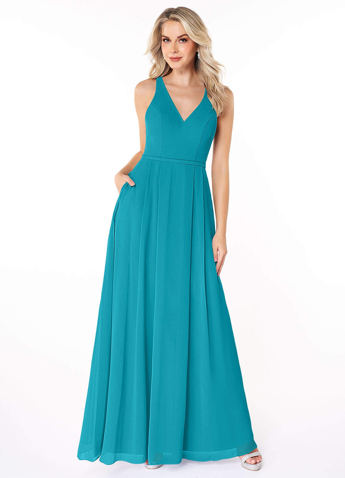 Lace 3/4 Sleeves V-neck Chiffon Long Dress Daffodil main image 1
