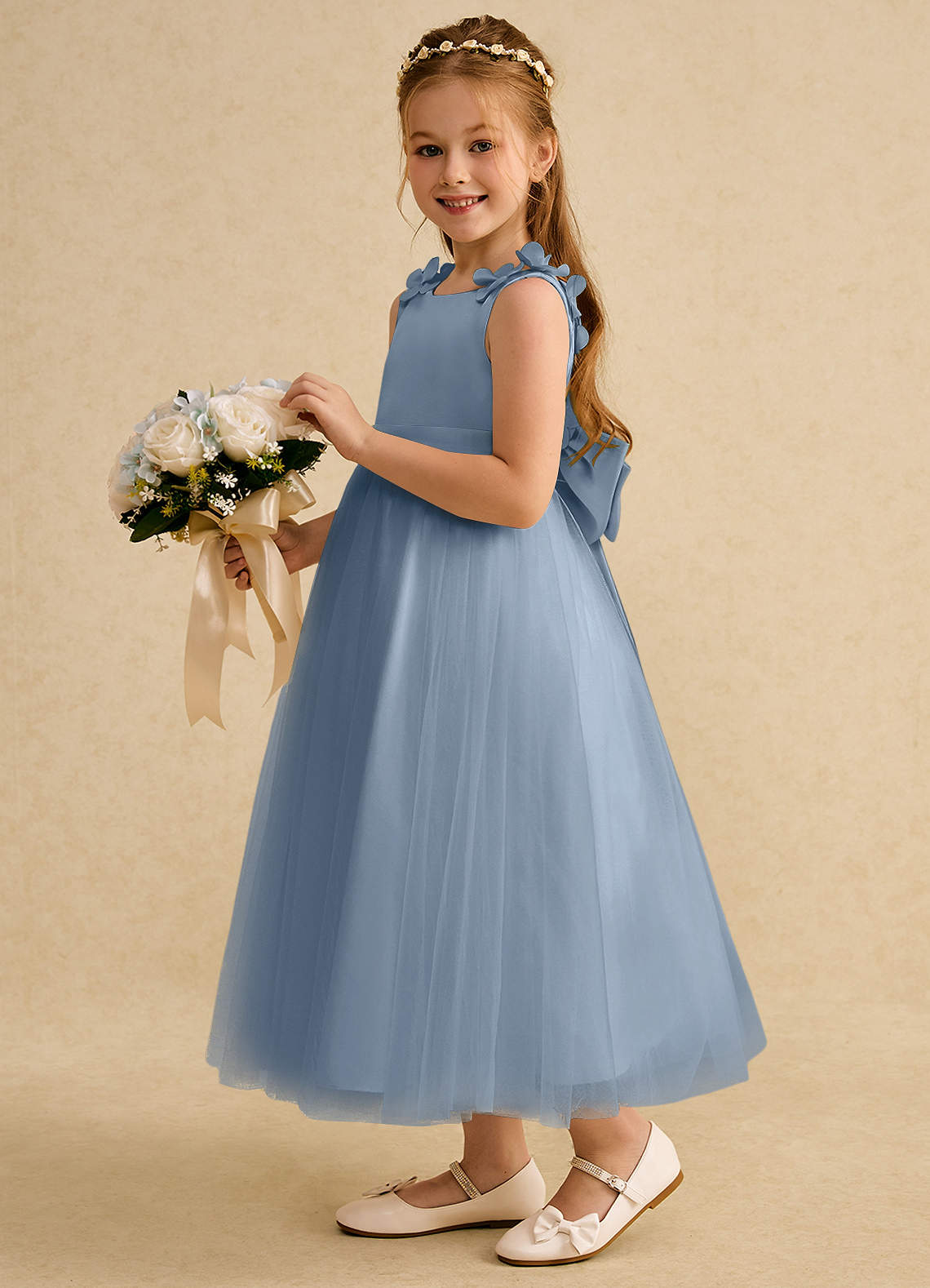 Azazie Lilli Robe Demoiselle D'honneur Fillette Robe Trapèze en Tulle Arc Bleu Poussiéreux Bleu Poussiéreux image2